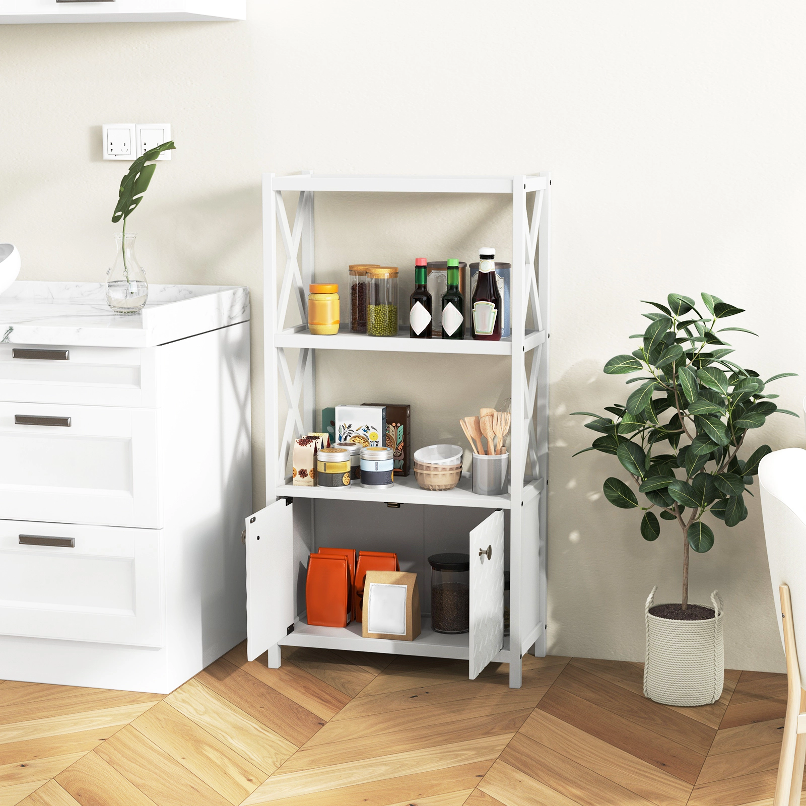 SUGIFT White 88-lb Capacity 47-in Tall Bathroom Storage Cabinet with Open Shelves Double Doors and X-Bars