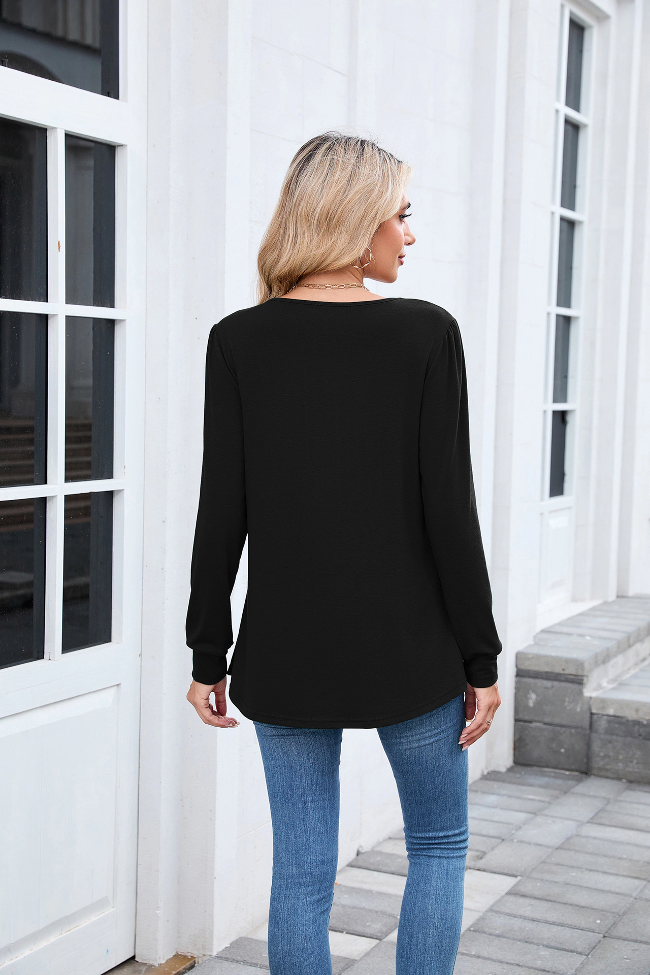 Enchanted Funland Womens Round Neck Pleated Front Puff Shoulder Long Sleeve Tops