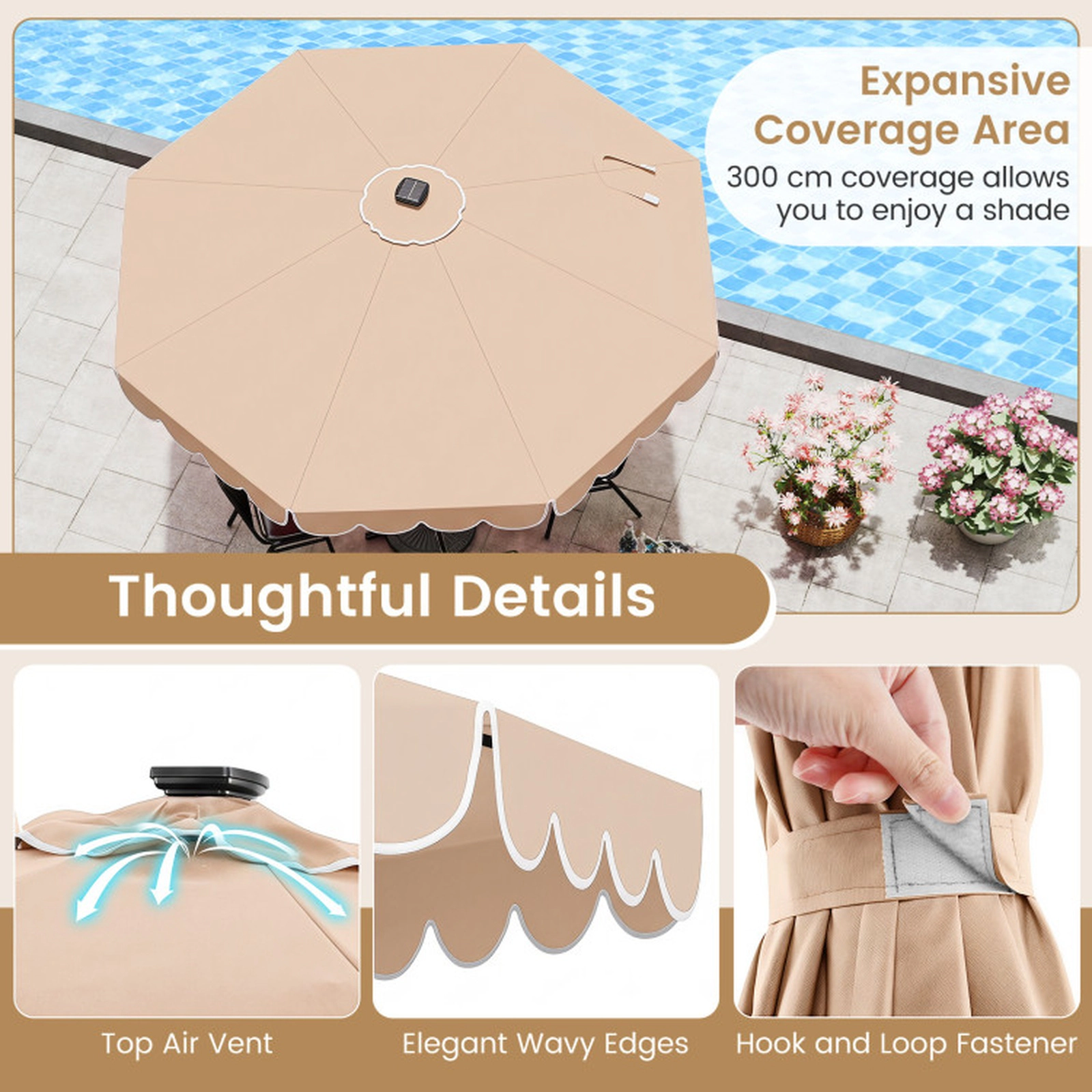 SUGIFT 10 ft Beige Solar LED Patio Umbrella, 24 Lights, 8 Ribs, Ruffled Edge, Push-Button Tilt