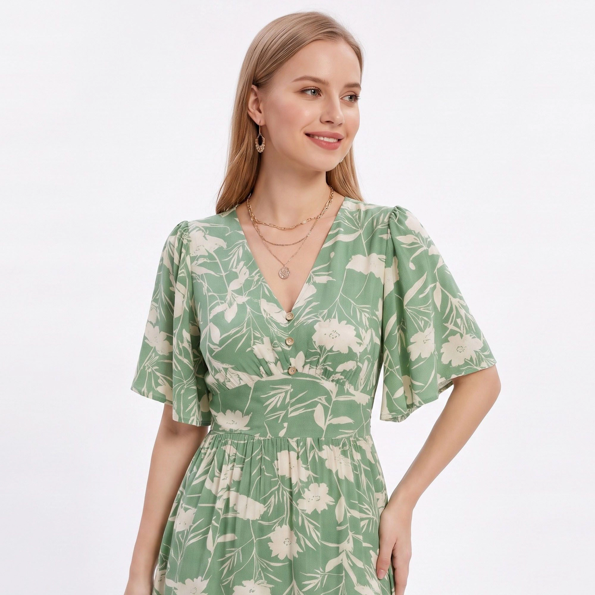 Anna-Kaci Women's Floral Print Flutter Sleeve Smocked Waist Midi Dress