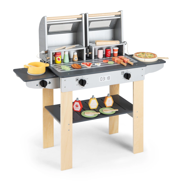Hivvago Wooden Kids Barbecue Grill Playset Kids Toy Grill with Abundant Grilling Tools and Play Foods