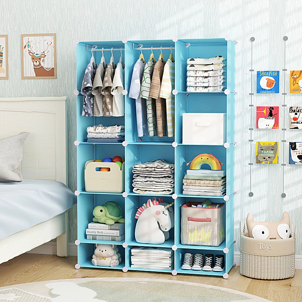 SUGIFT Modular 13-Cube Baby Wardrobe Storage Organizer with Hanging Rod and Shelves 6.5-lb Cube Capacity Stackable Blue