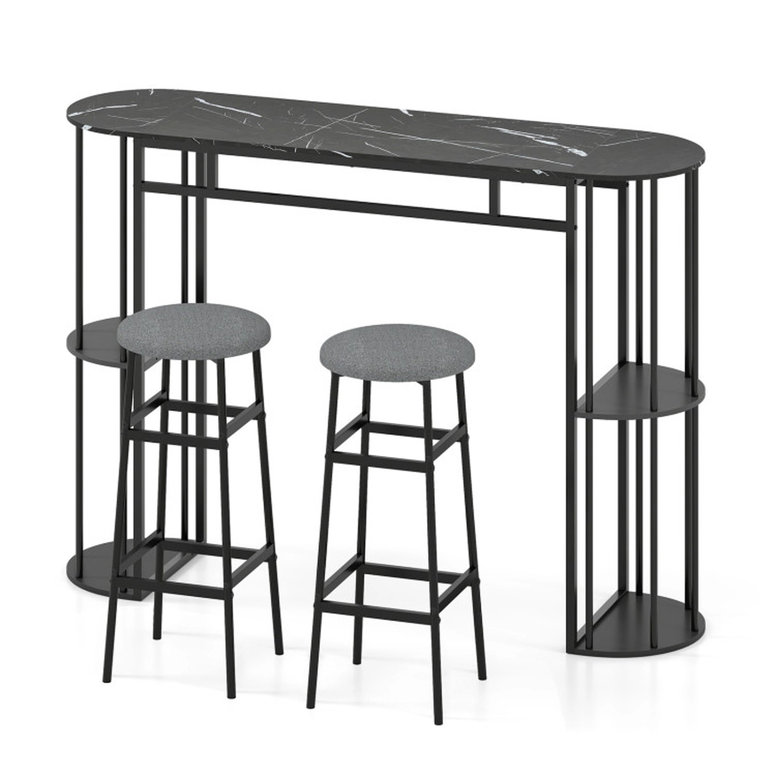 SUGIFT 60-in Dining Table and 2 Upholstered Barstools Set 135-lb Table 330-lb Stools Golden & White/Black & Gray