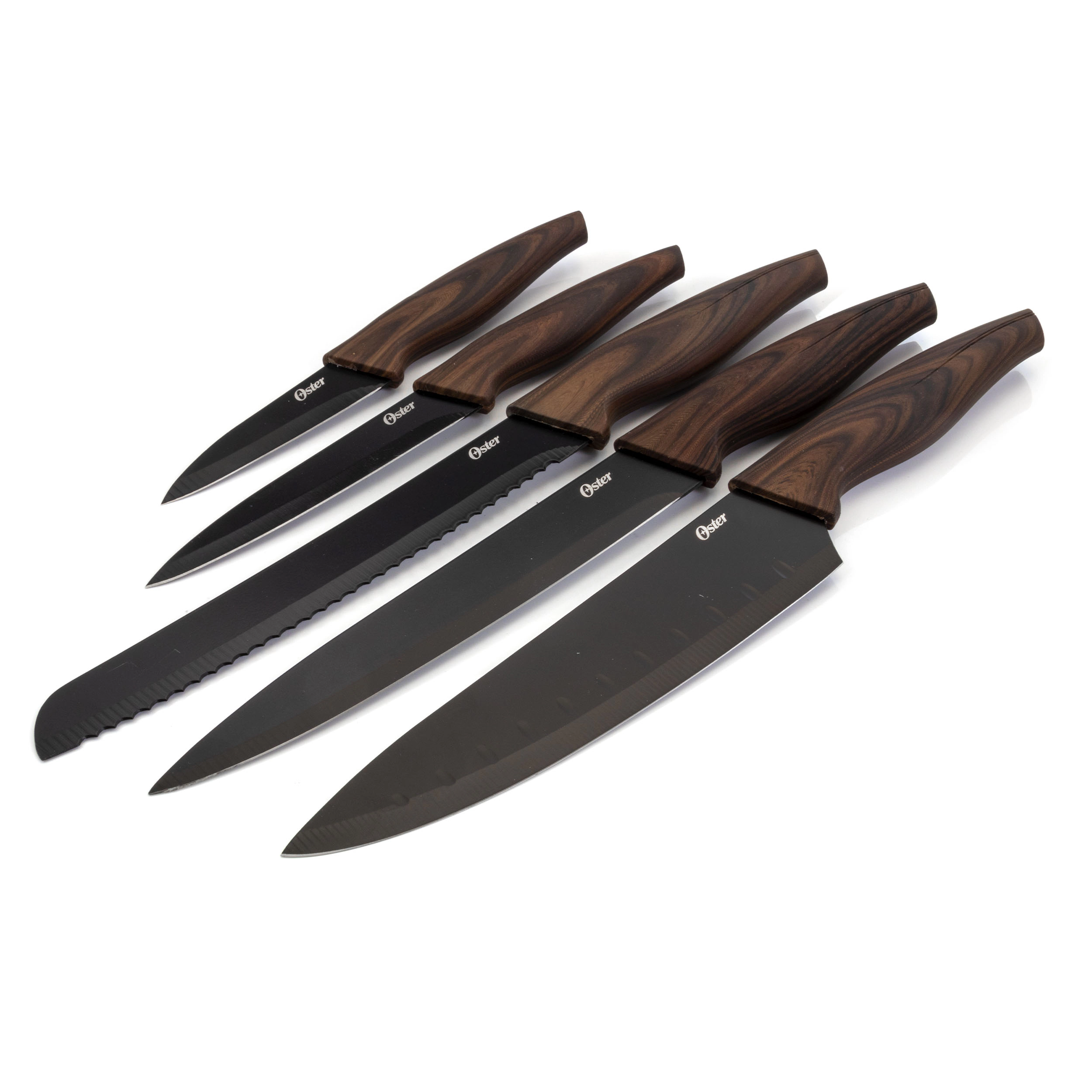 Oster Godfrey 5 Piece Stainless Steel Black Cutlery Set with Wood Print Handles