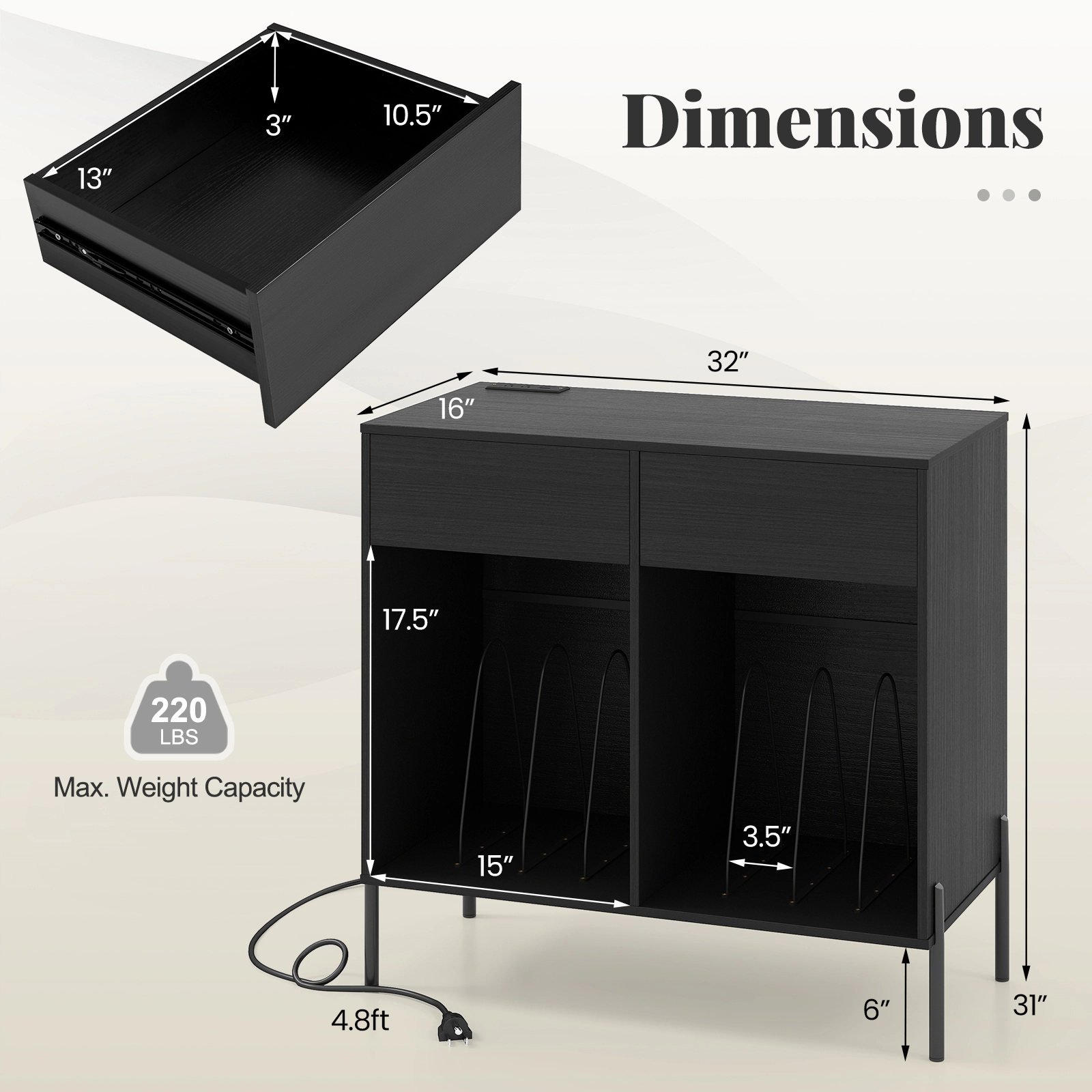 SUGIFT Record Player Stand Power Outlets Double Wide Turntable Stand Vinyl Record Storage Accent Cabinet 220-lb Capacity