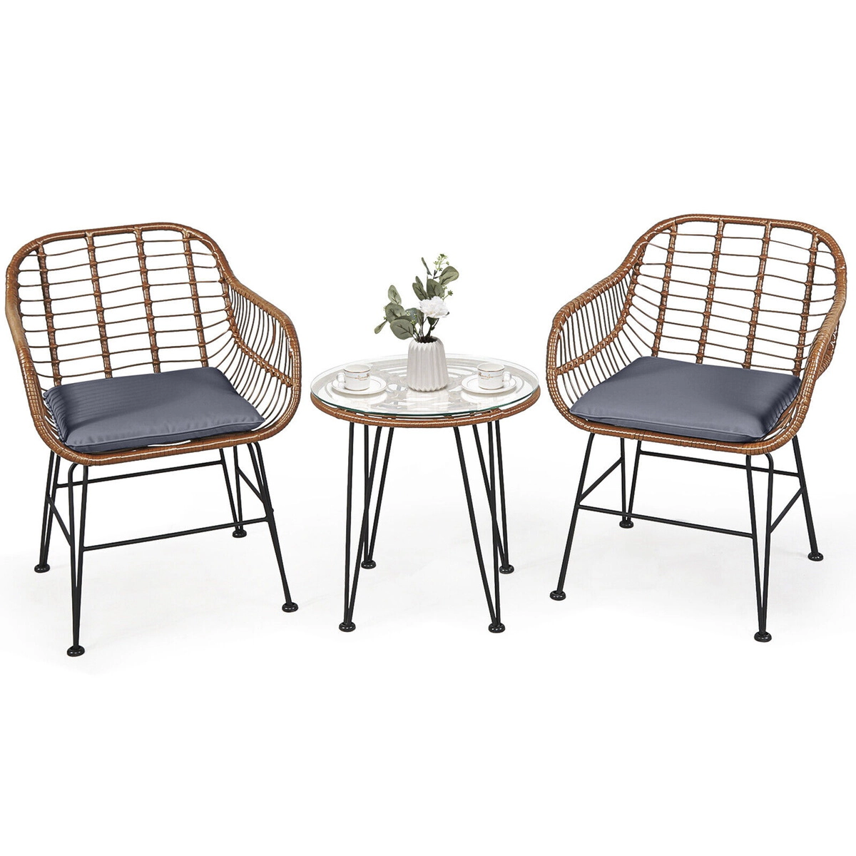 SUGIFT Gray 3-Piece Rattan Patio Bistro Set with Cushioned Armchairs