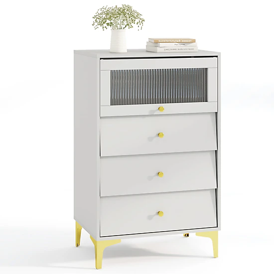 SUGIFT Gray Flip-Up Fluted Glass Door and 3 Pull-Out Drawers Modern Storage Cabinet