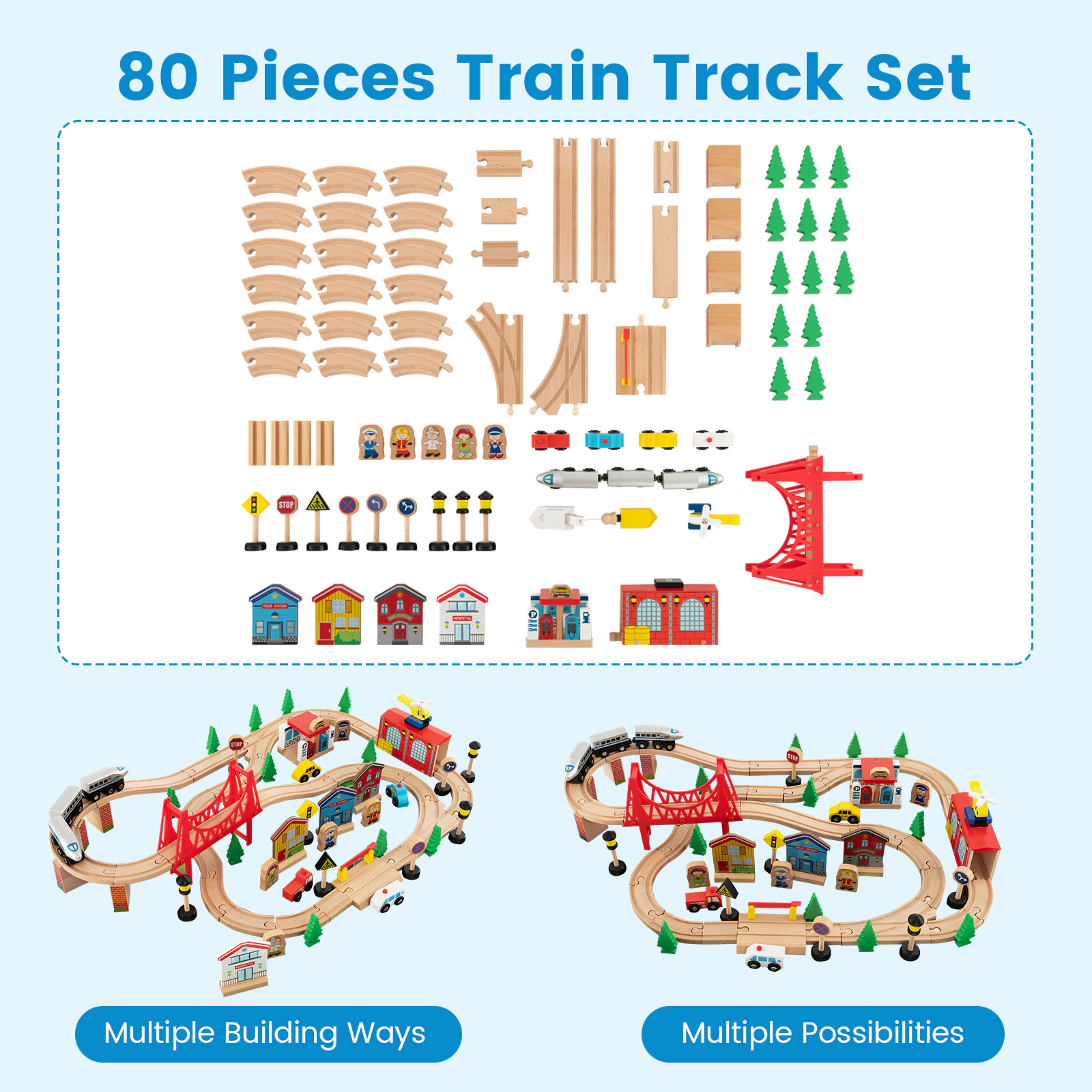SUGIFT 80-Piece Wooden Train Set and Table 16-in Tall Ages 18M+ Multi-color