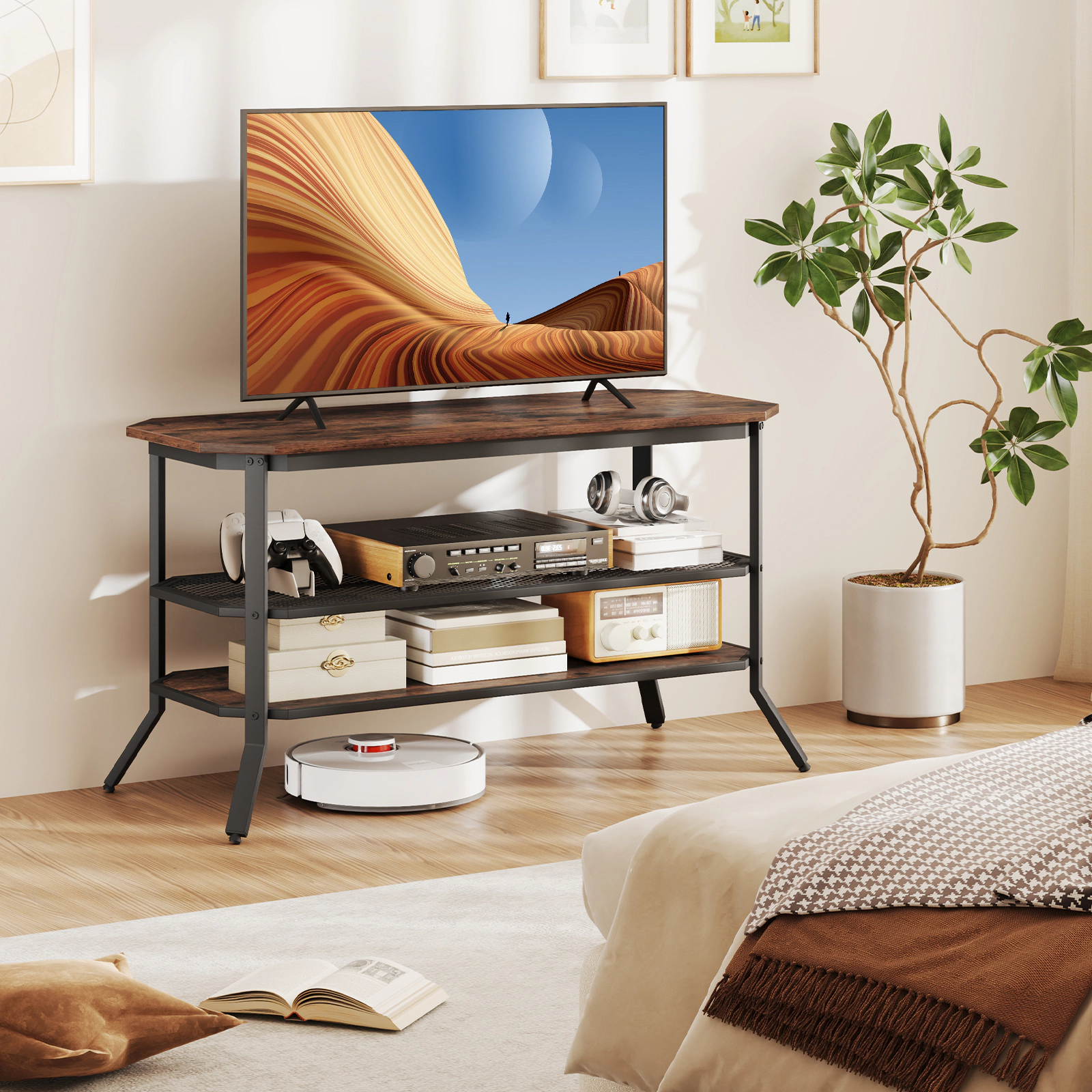 LJG 3-tier Console Table TV Stand with Mesh Storage Shelf