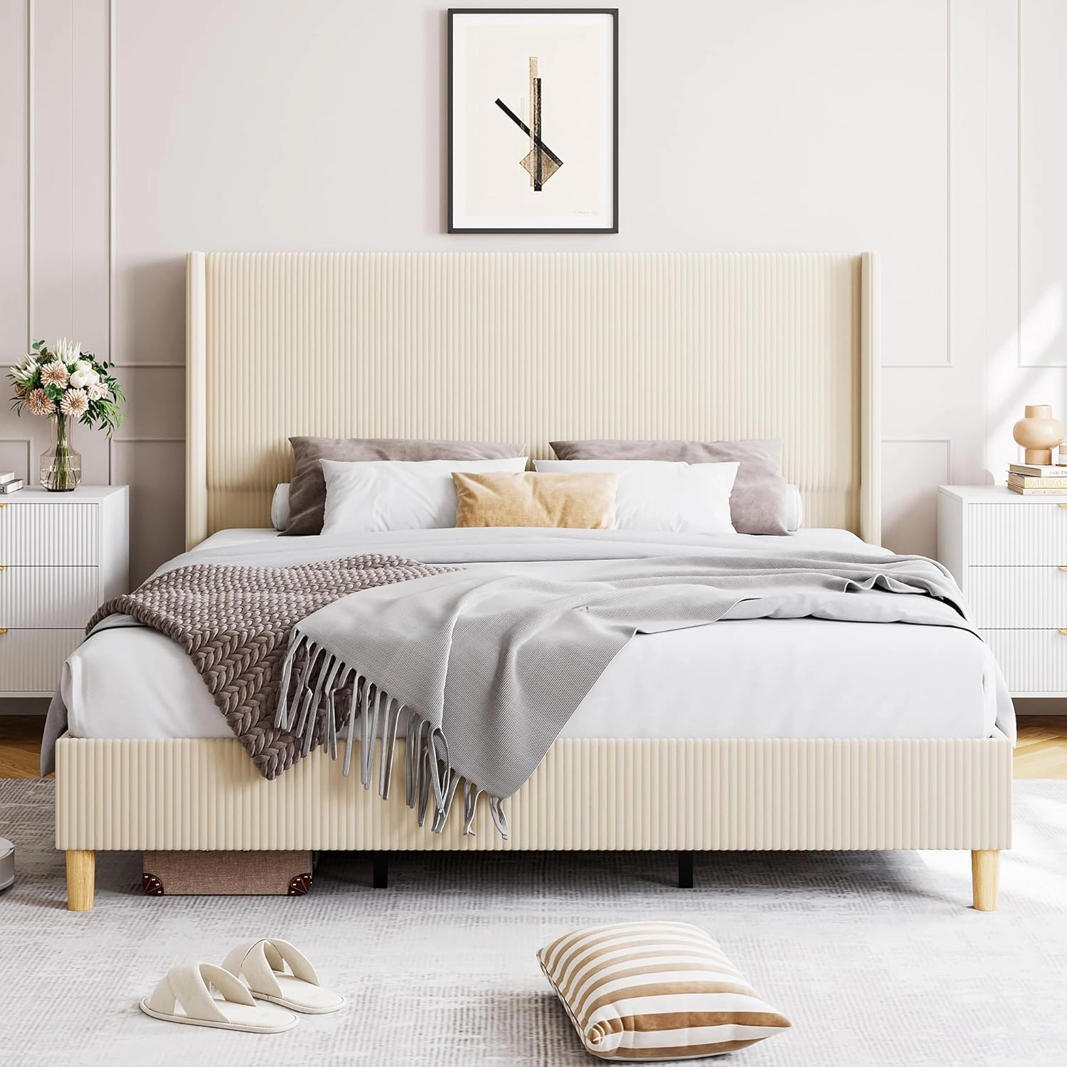 BebreezChic Beige Upholstered Queen Platform Bed Frame with Headboard,Beige