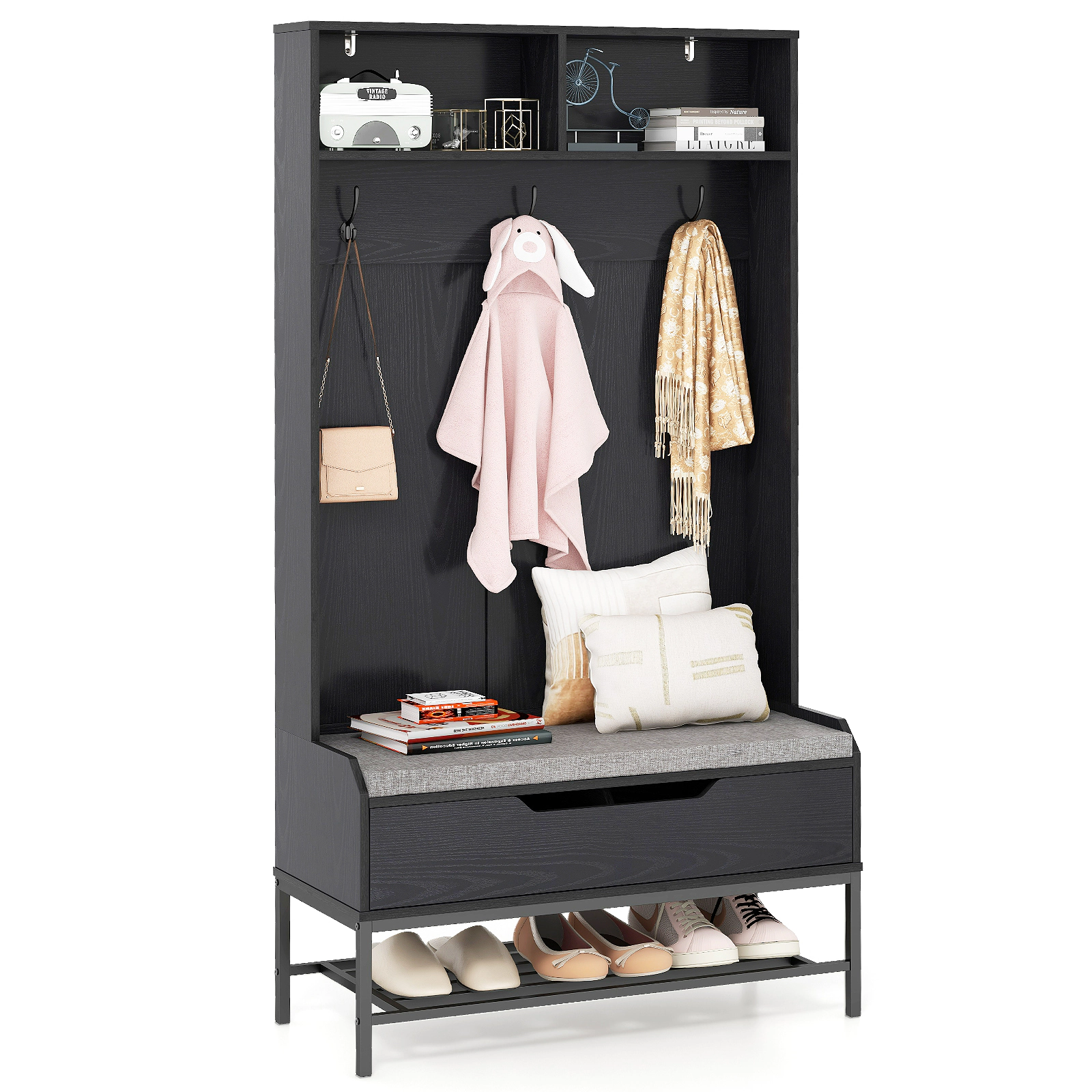 Hivvago 69 Inches Tall Hall Tree 4-in-1 Coat Rack with Seat Cushion and Shoe Storage