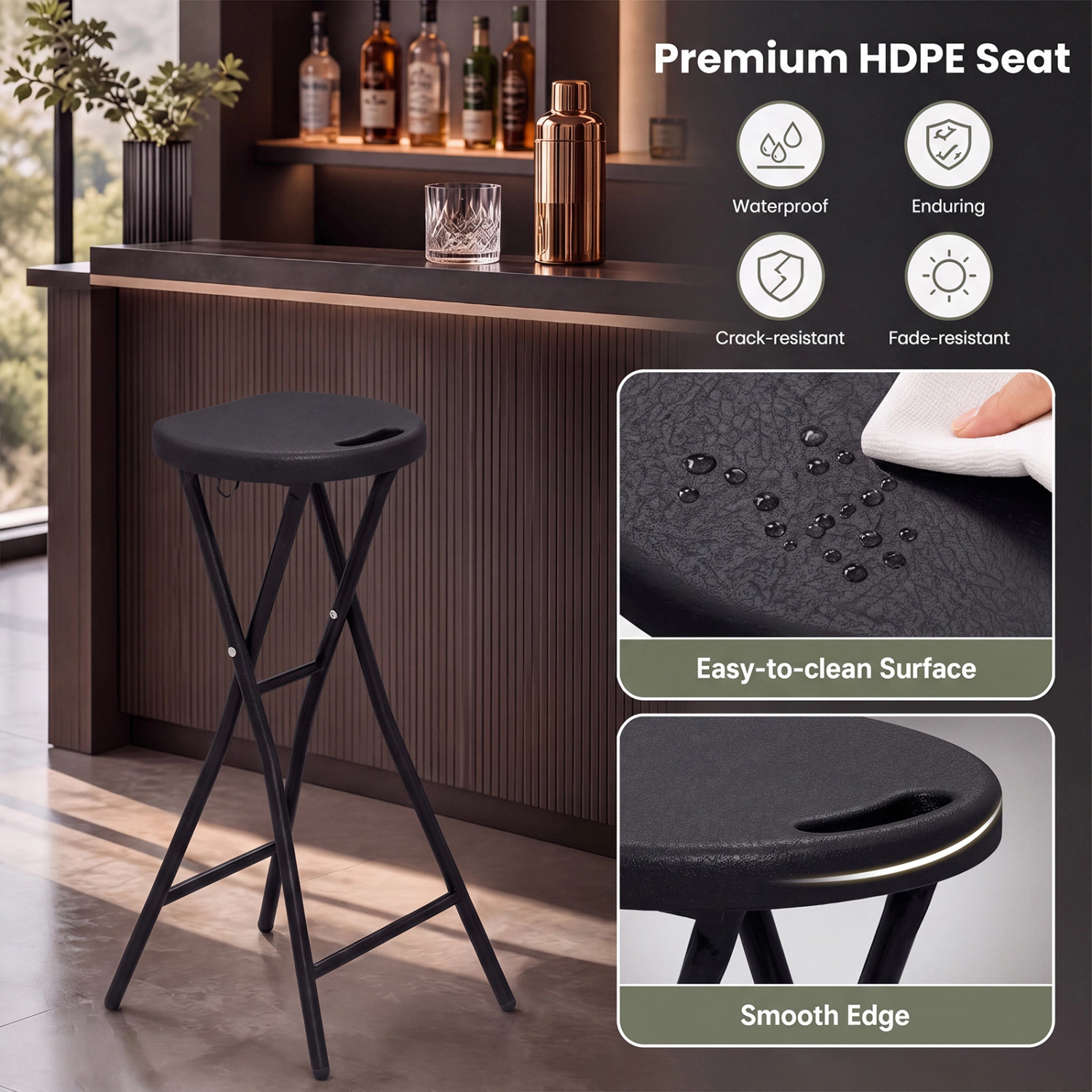 LJG 27.5" Folding Bar Stool with HDPE Seat & Carry Handle for Kitchen Bar Fishing