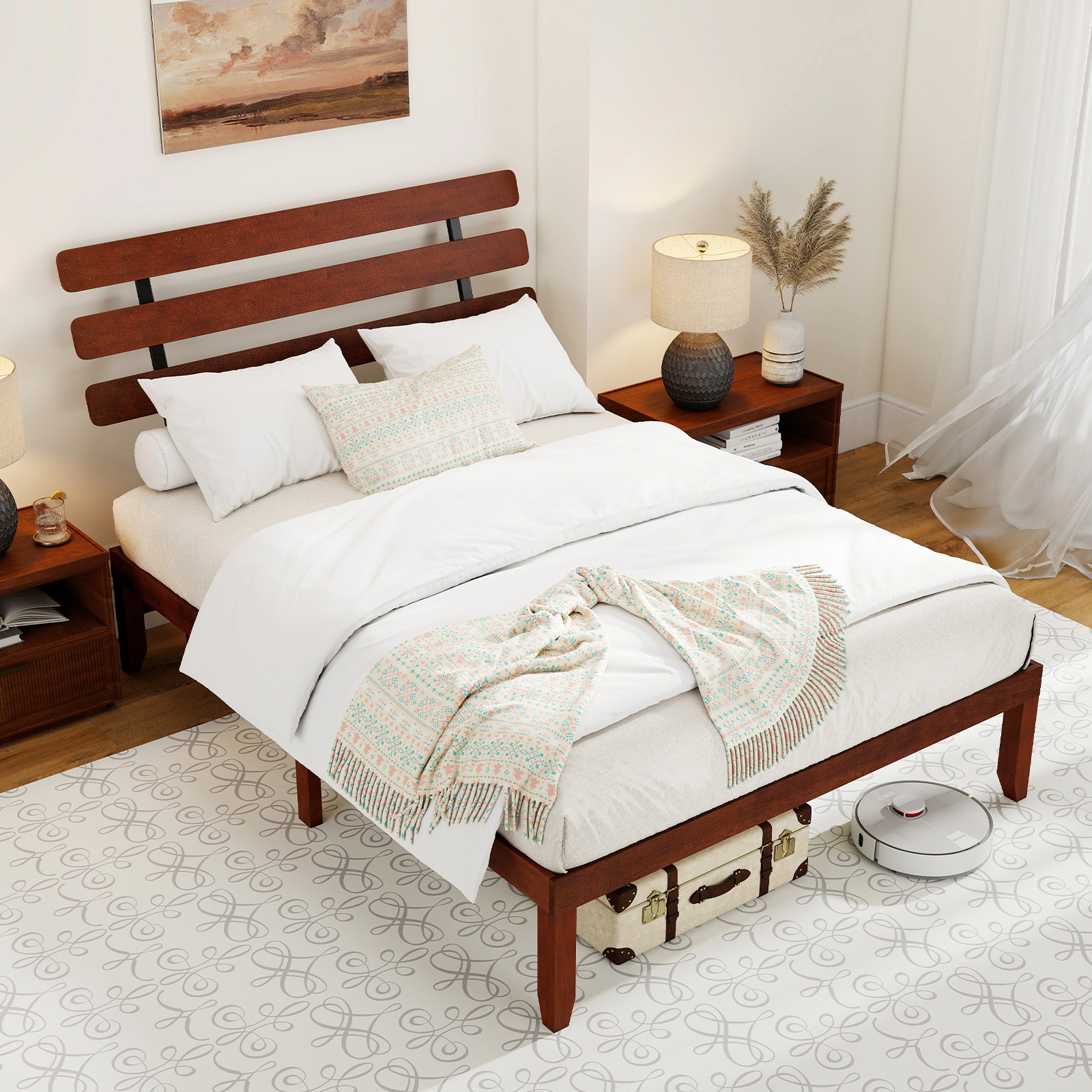SUGIFT Queen Solid Wood Platform Bed Frame with Retro High Headboard 800-lb Capacity Walnut