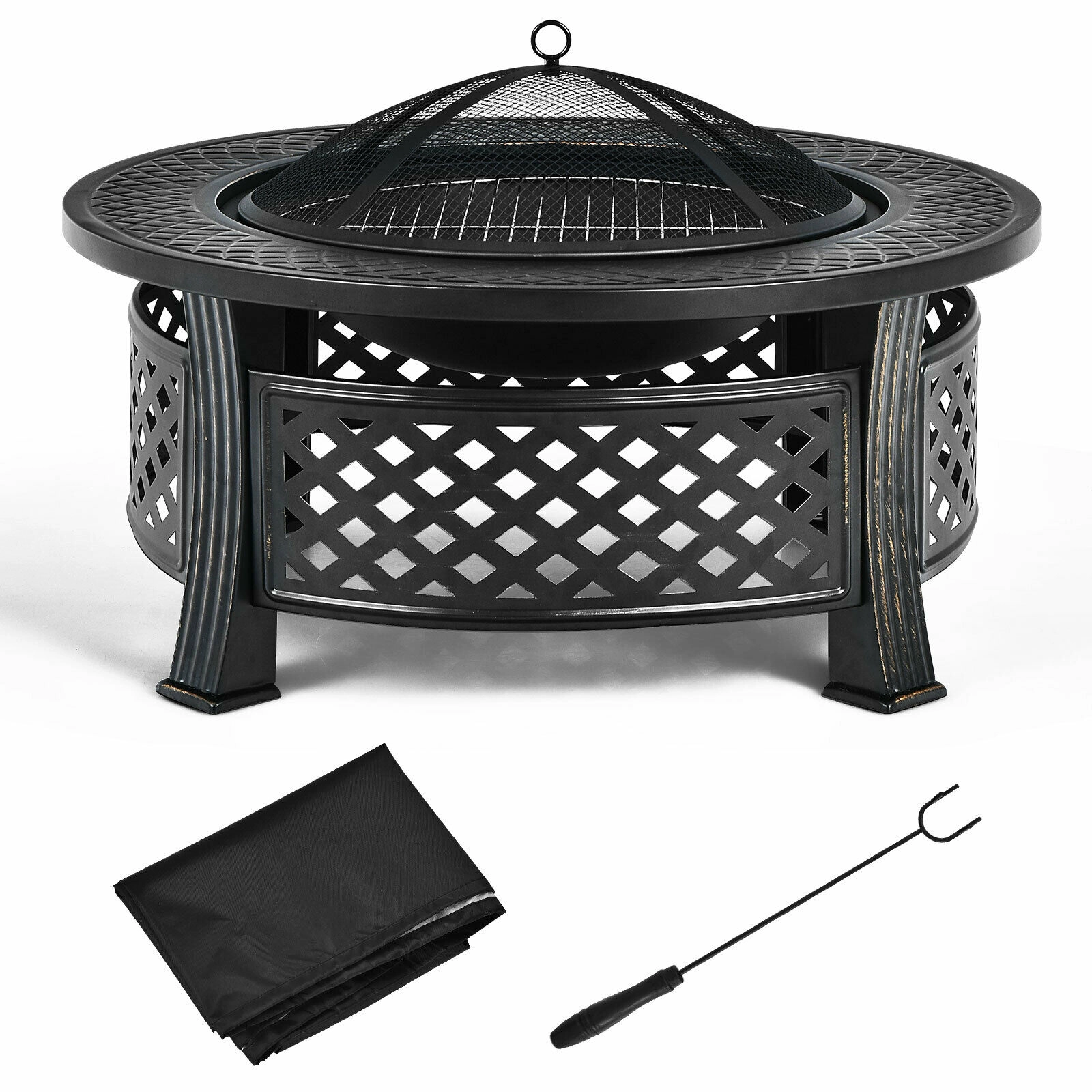 SUGIFT 32-Inch Black Steel Wood-Burning Fire Pit with BBQ Grill, Spark Cover, Poker and Rain Cover