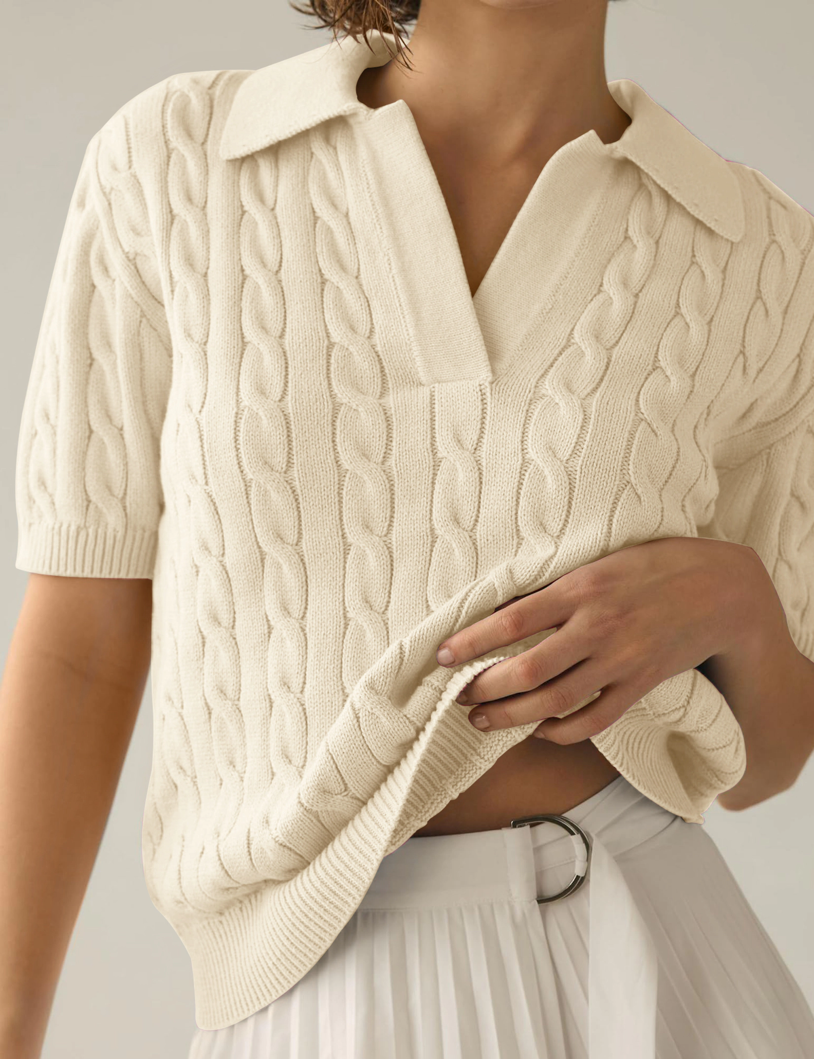 KOJOOIN Women's Cable Short Sleeve Sweaters Tops Lapel V Neck Knit Shirt Fall Outfits