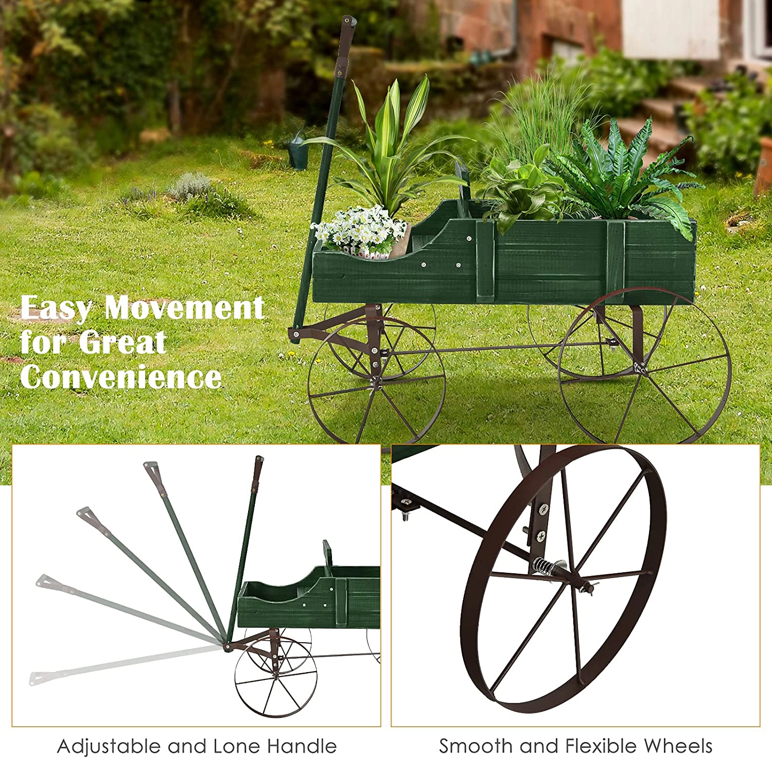 SUGIFT Red Wooden Wagon Planter with Antique Metal Wheels 24.5-in W 13.5-in D 24-in H 33-lb Cart Capacity