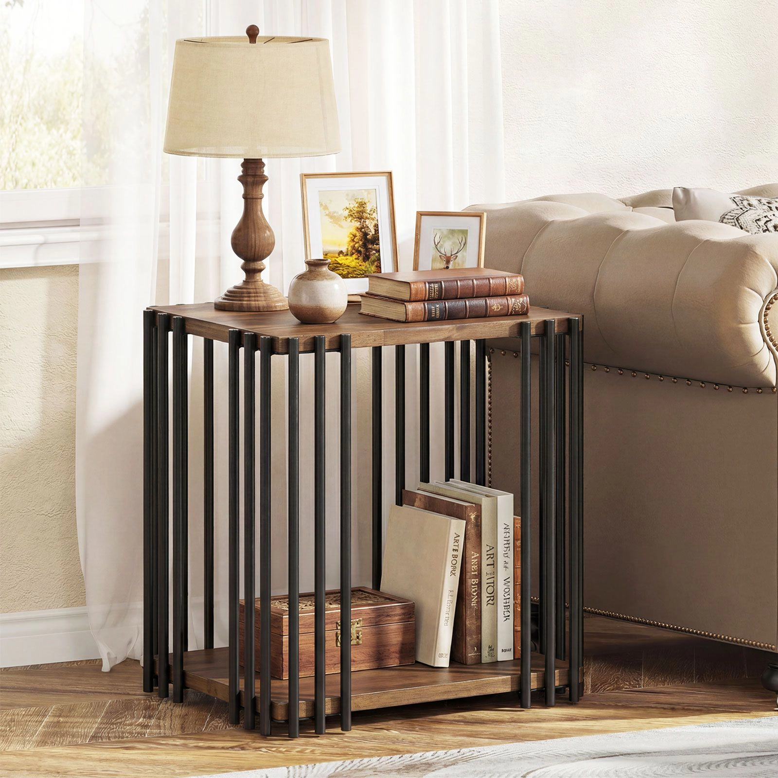 SlickBlue Rubber Wood Side Table with 2 Tier Storage Shelves