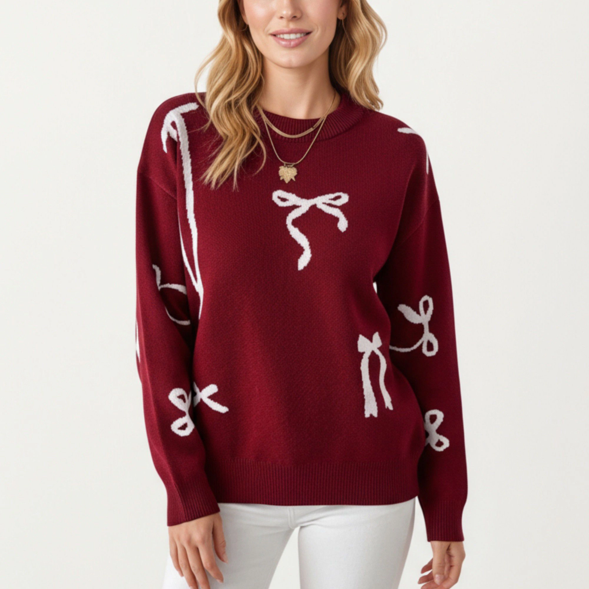 Anna-Kaci Women's Long Sleeve Knit Sweater with Allover Bow Pattern Ribbed Trim