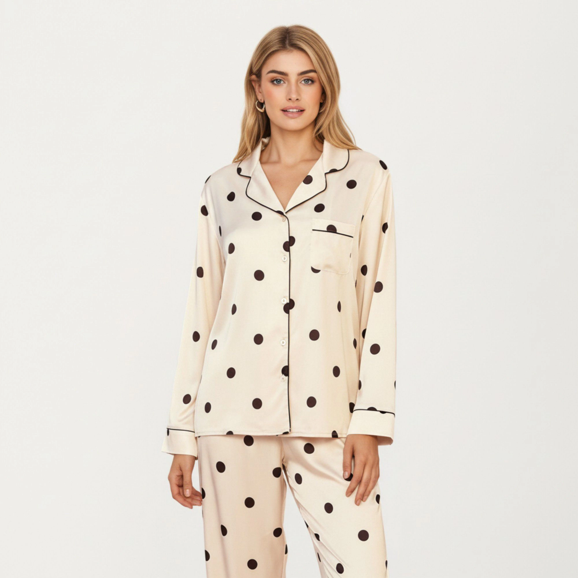Anna-Kaci Women's 2-Piece Satin Polka Dot Pajama Top with Contrast Piping and Matching Straight Leg Pants