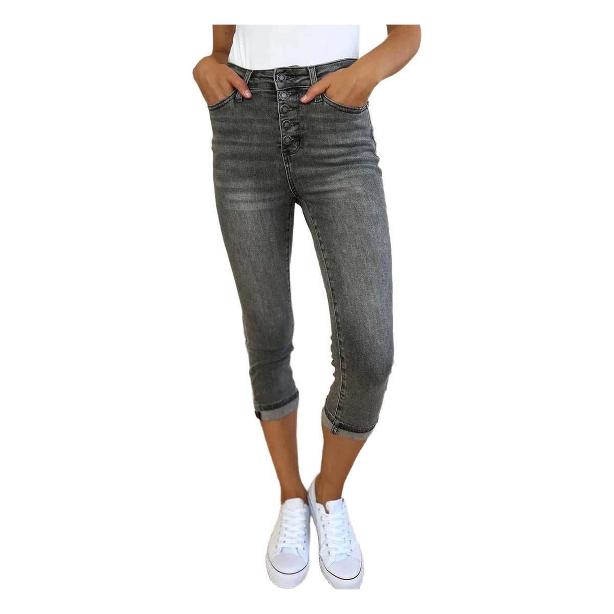 Judy Blue Full Button Fly High Waist Cuffed Capris