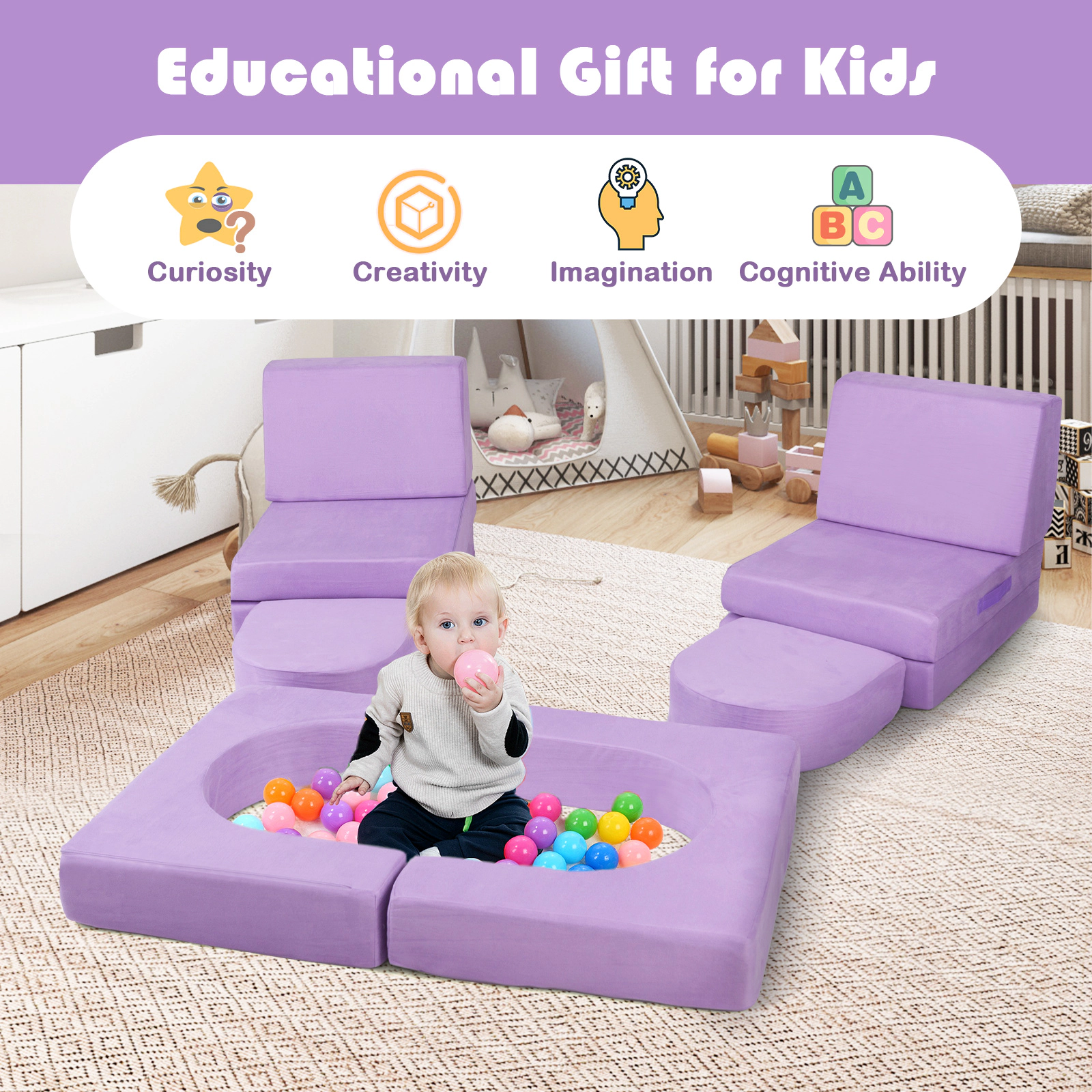 SUGIFT 8-Piece Modular Kids Play Couch Office Chair with Suede Fabric 56-in Wide Purple
