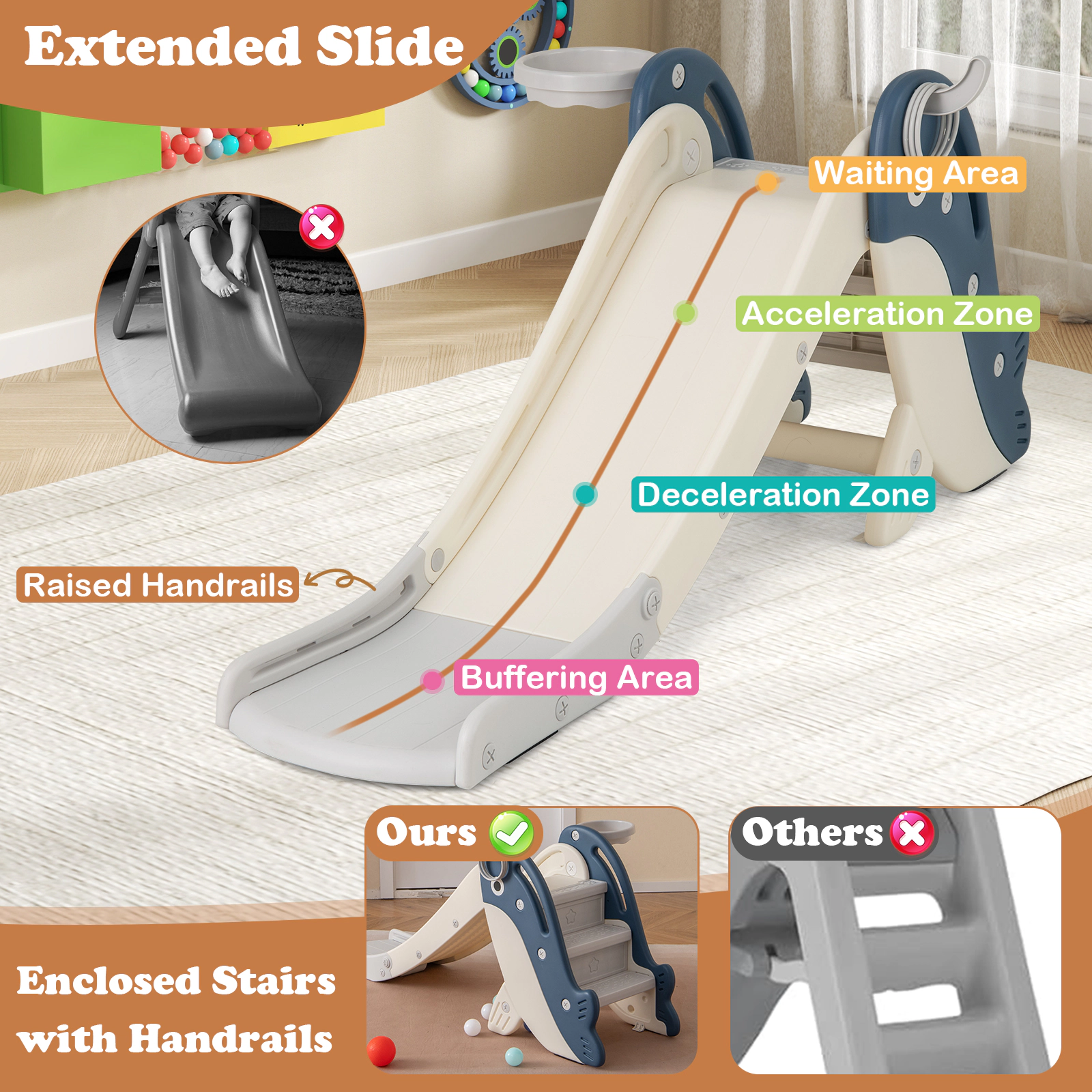 4-in-1 Toddler Slide Indoor Outdoor Freestanding Baby Climber Playset Basketball Hoop Ring Toss 50-in Kids Playground