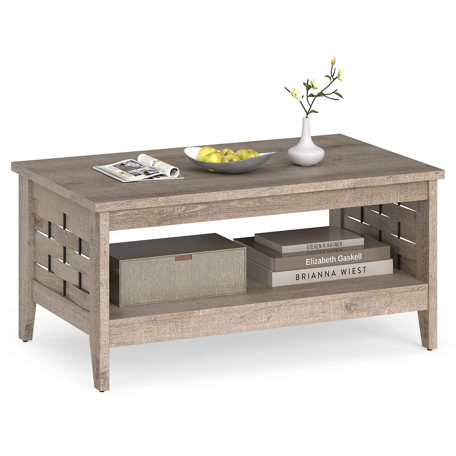 SUGIFT 2-Tier Woven Lattice Ends 0.9-in Board Farmhouse Coffee Table 39.5-in x 23.5-in x 19-in 135-lb Capacity Oak