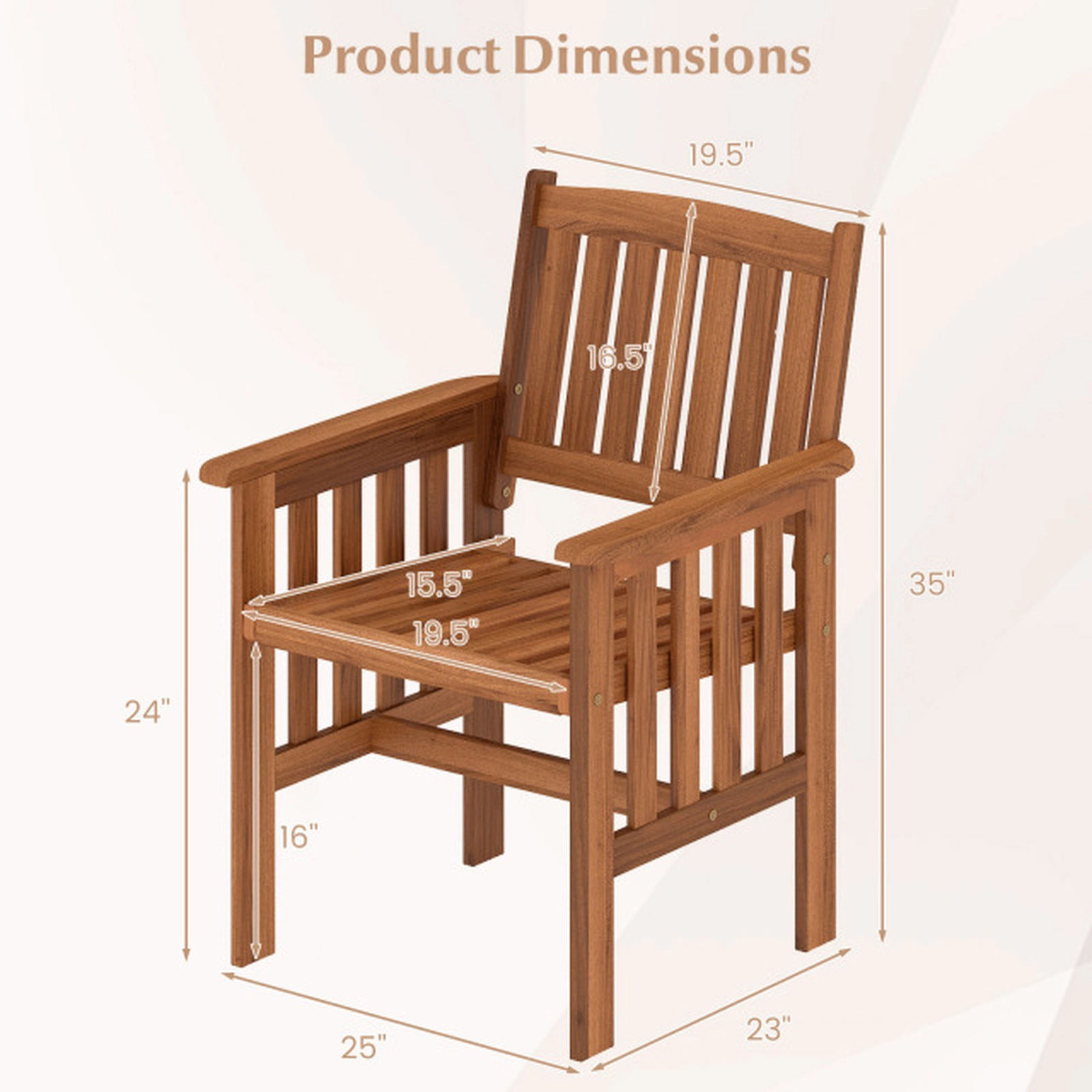 SUGIFT Set of 2 Solid Wood Patio Chairs with Armrests Slatted Seat Inclined Backrest 300-lb Capacity Natural