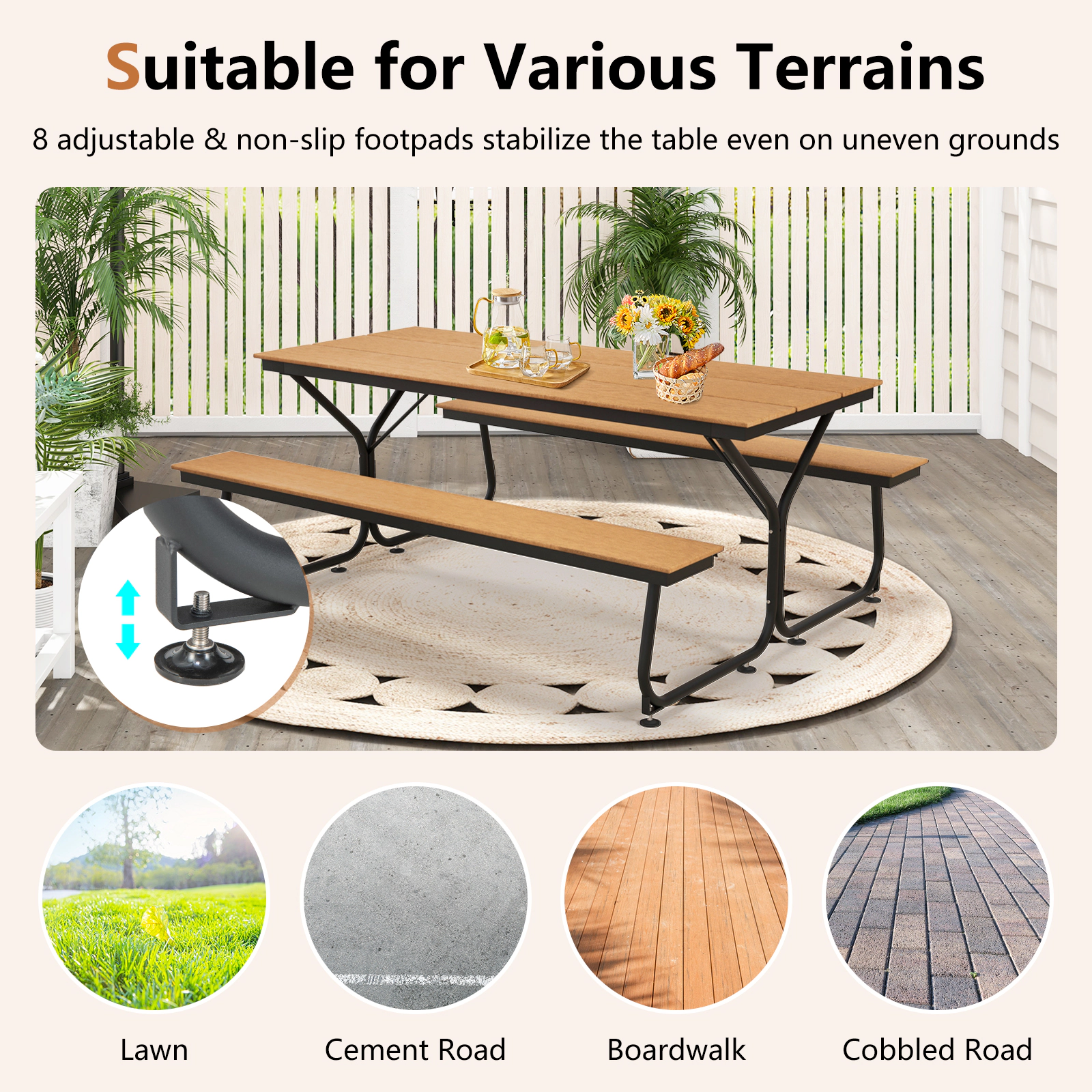 SUGIFT 6-ft Brown Outdoor Picnic Table Set with Two Benches and Umbrella Hole