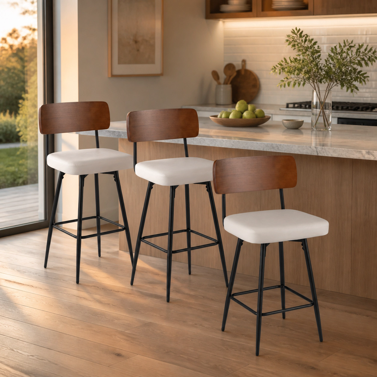 SUGIFT Set of 4 27-Inch Counter-Height Swivel Stools, Waterproof PU Seats, Curved Wood Backs