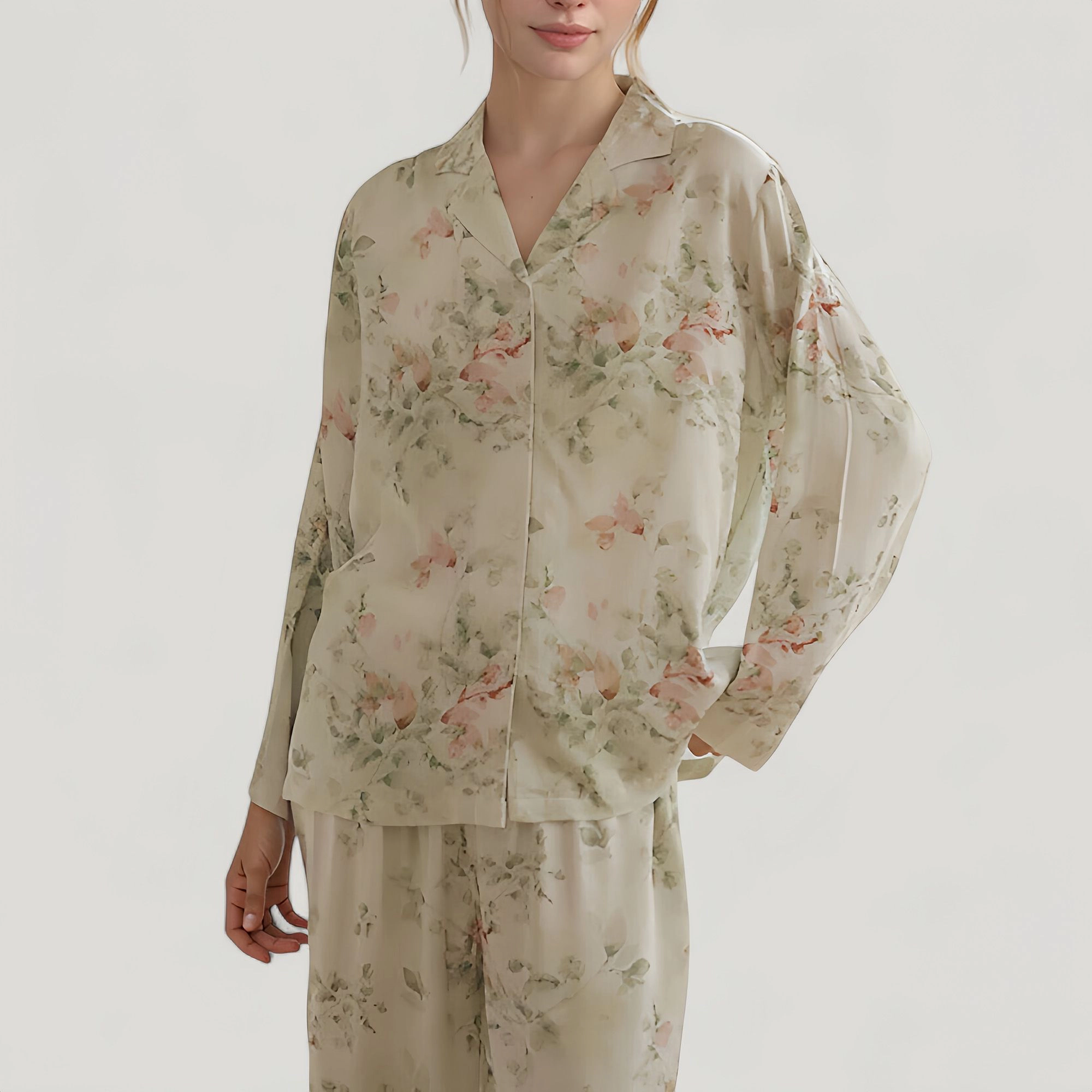Anna-Kaci Women's Woven Floral Long Sleeve Button Down Pajama Set with Wide Leg Pants and Relaxed Fit