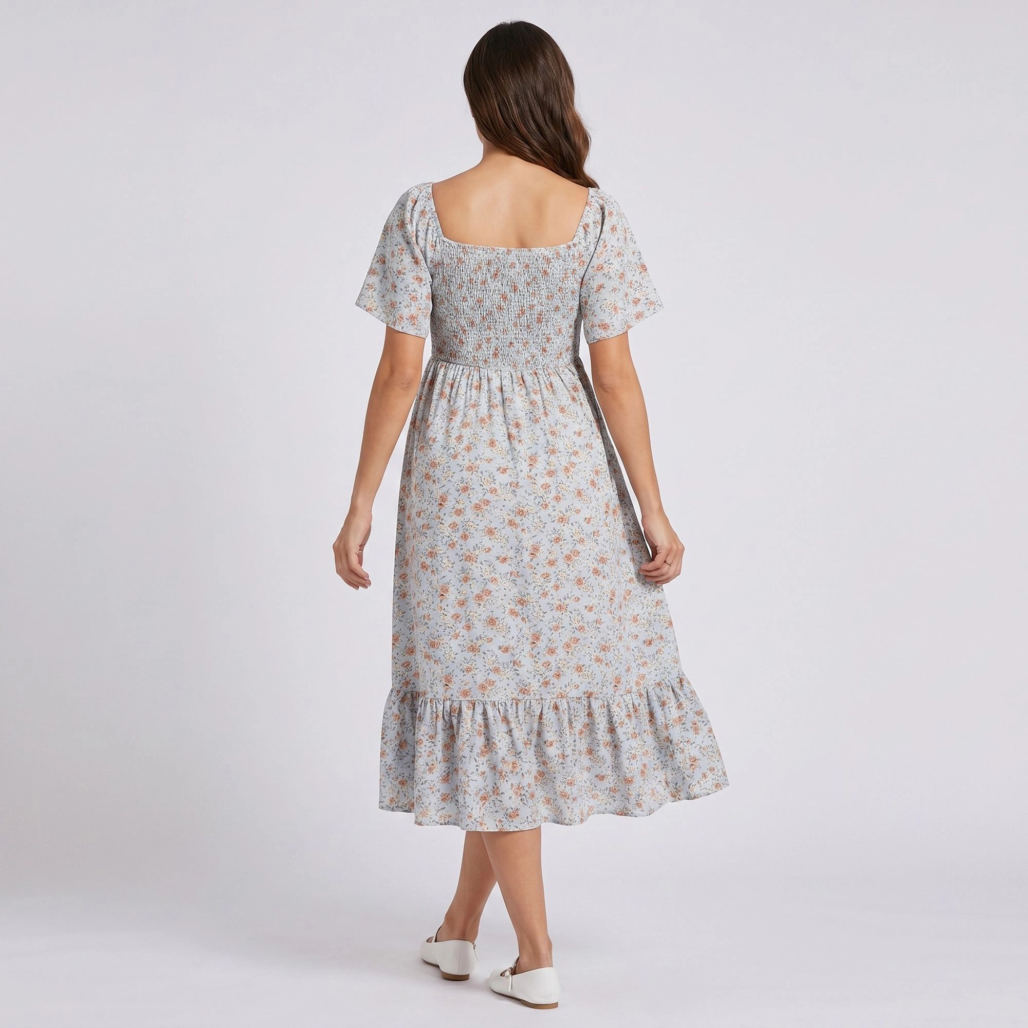 Anna-Kaci Women's Maternity Floral Square Neck Smocked Bodice Flutter Sleeve Midi Dress