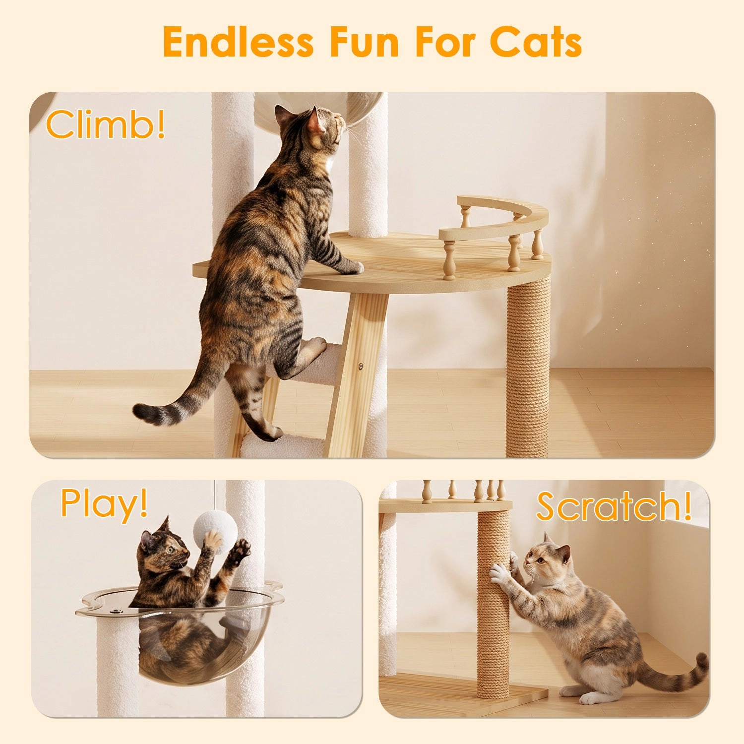 GBruno Multi-Level Wooden Cat Tree With Acrylic Hammock