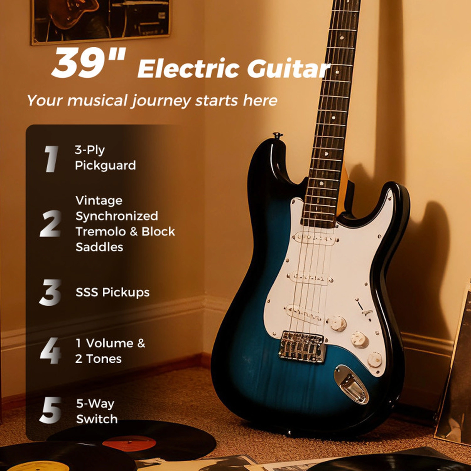 SUGIFT Blue 39-in Full Size Electric Guitar with 15W Amplifier Gig Bag Strap and Digital Tuner 8.2-ft Cable