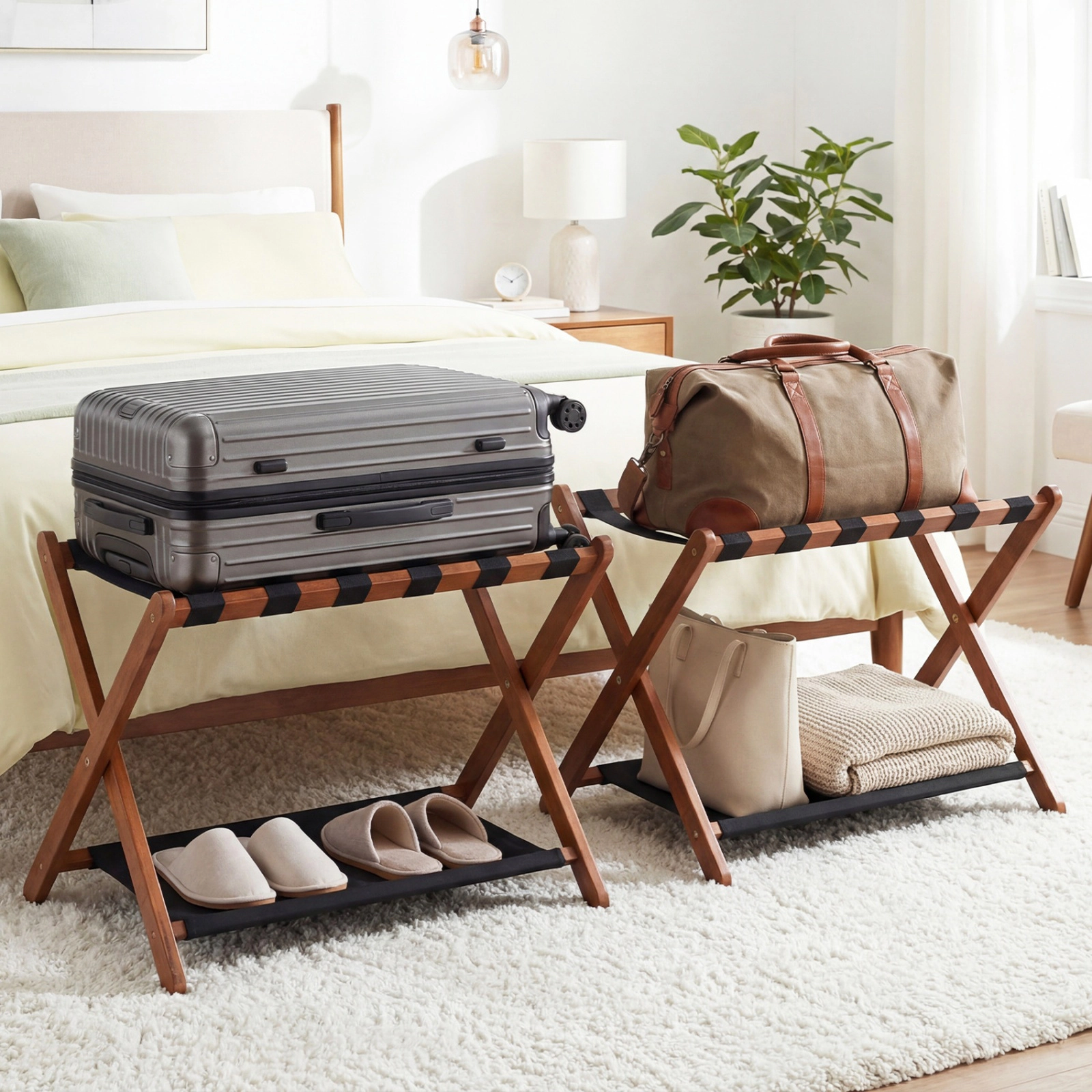 SUGIFT Set of 2 Folding Rubberwood Luggage Rack Suitcase Stand with Nylon Straps for Bedroom and Closet