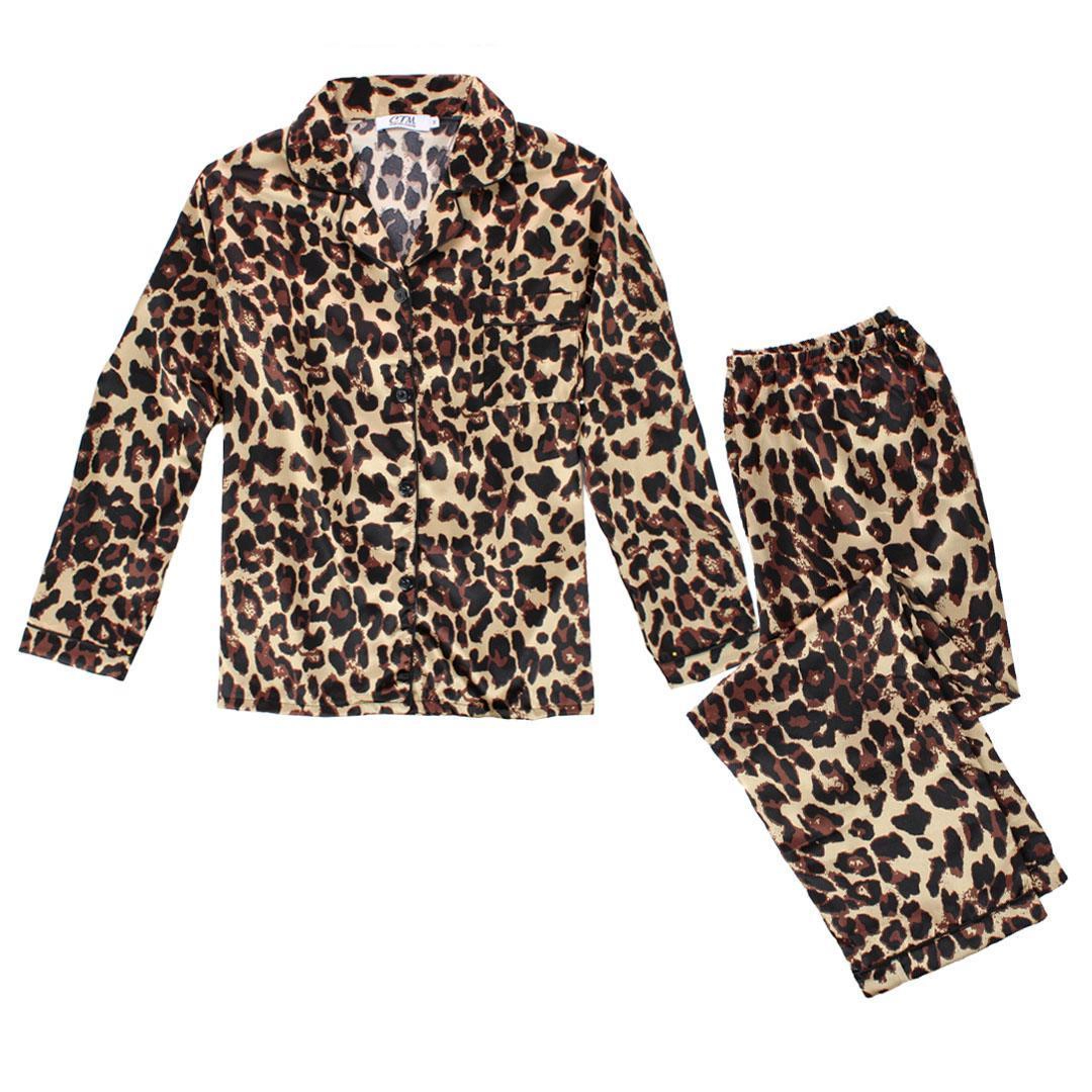 CTM Women's Leopard Print Satin Long Sleeve Pajama Set