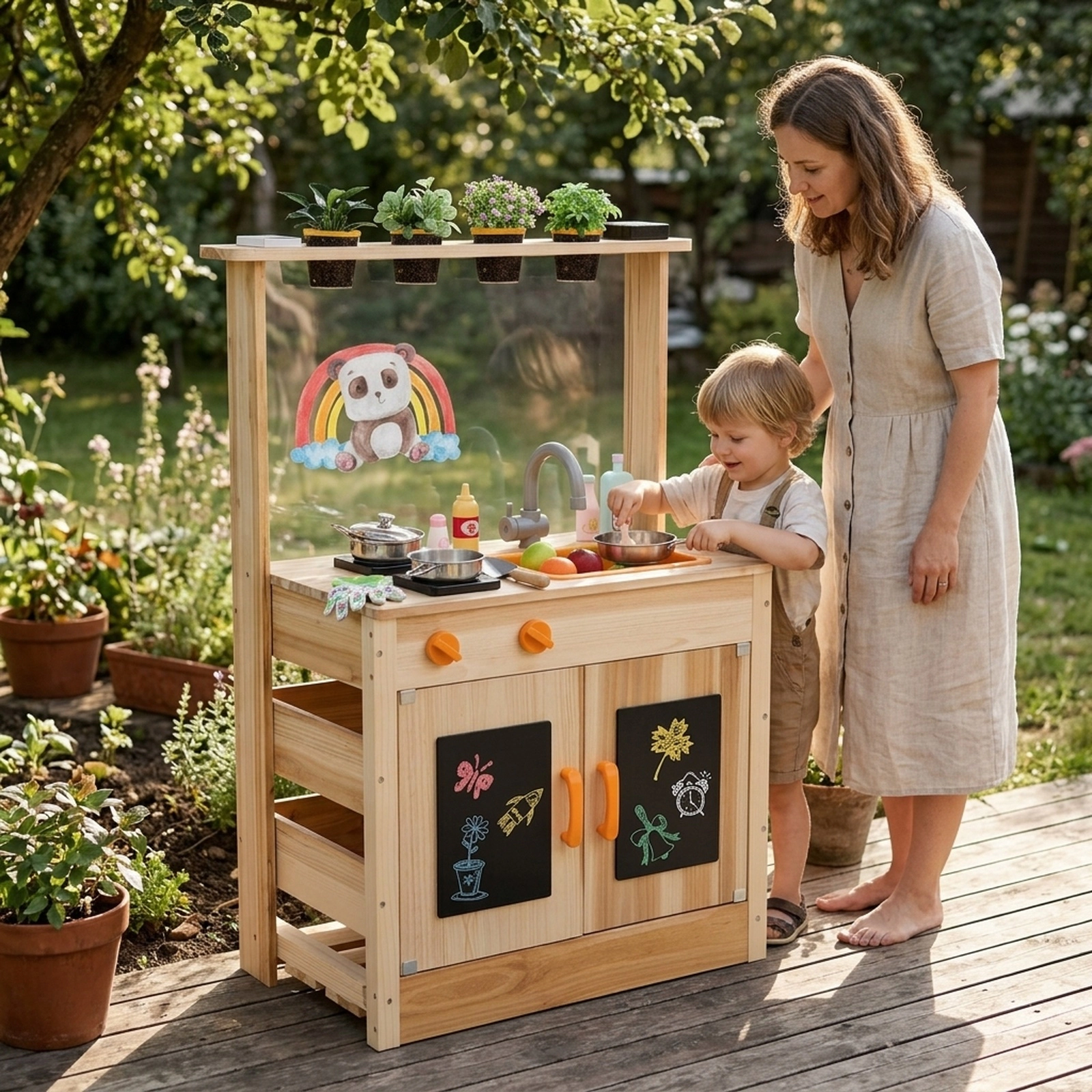 Kids Potting Bench Mud Kitchen 4 Planting Pots Blackboards Chalk 27-in Fir Wood Outdoor Play Kitchen Ages 3+ Natural