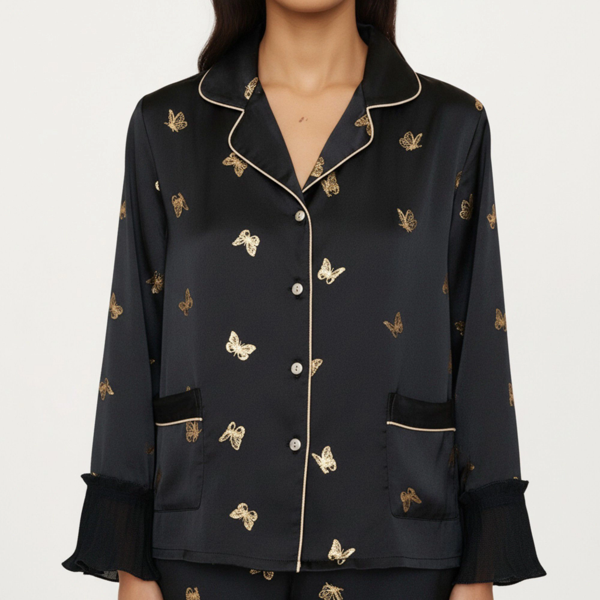 Anna-Kaci Women's 2-Piece Satin Pajama Top with Piping Detail and Ruffled Cuffs Paired Matching Pants