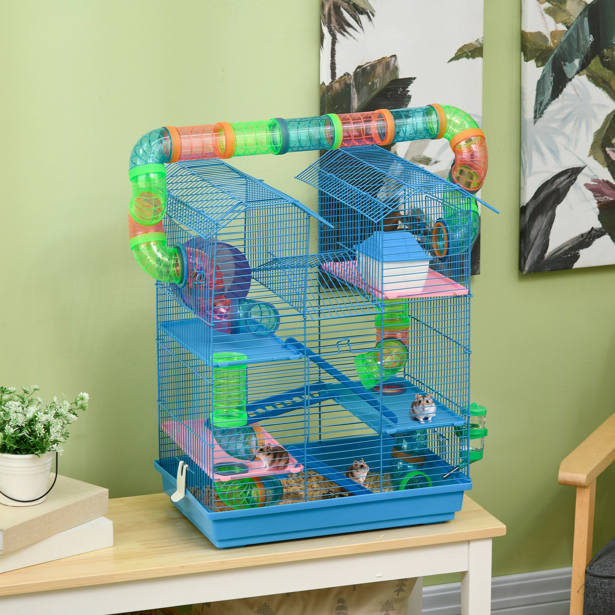 HONGGE 18.5" 5 Tier Hamster Cage with Tubes and Tunnels Small Animal Rat Gerbil Water Bottle Food Dish