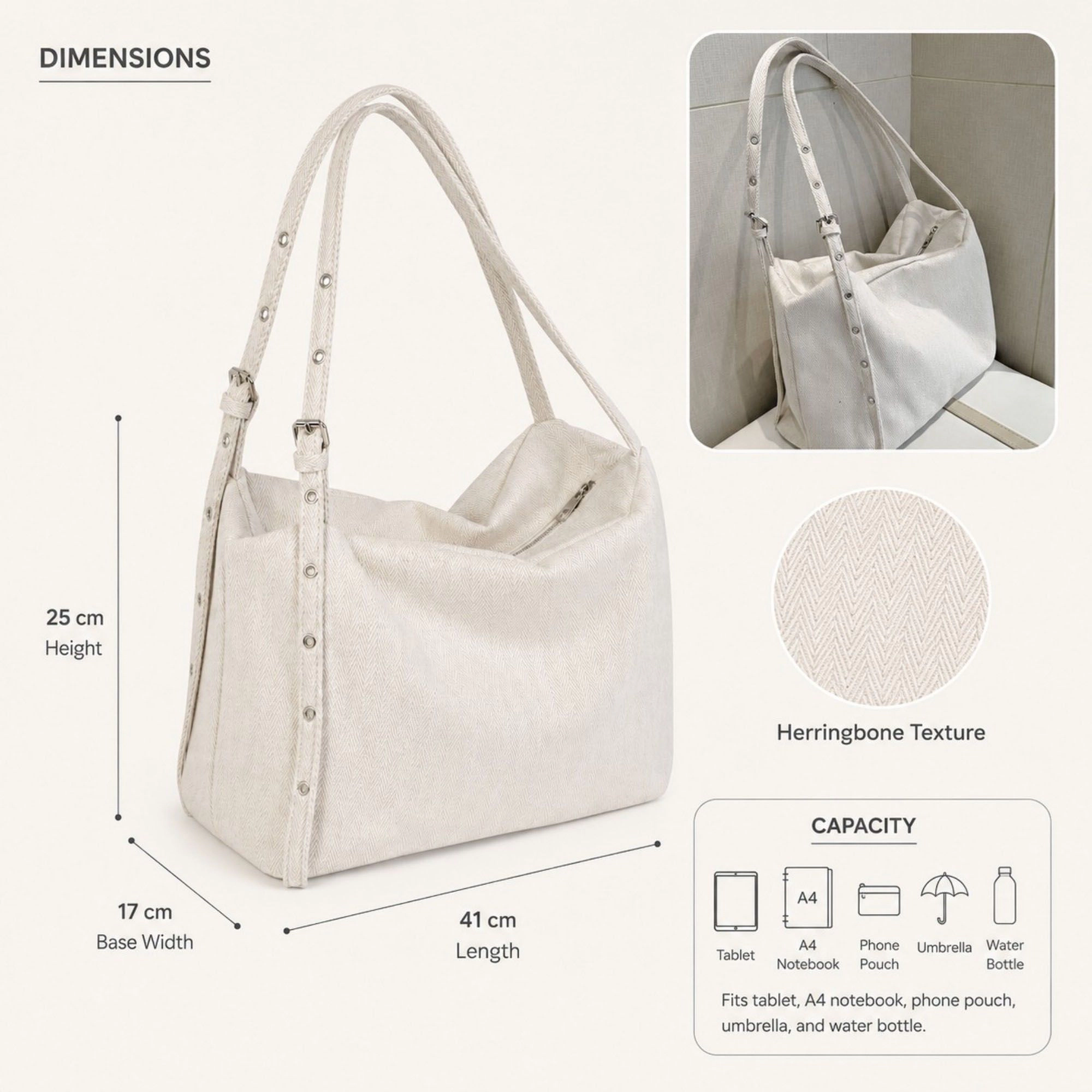 Alilang Women's Herringbone Tote Bag with Adjustable Strap and Rivet Detail