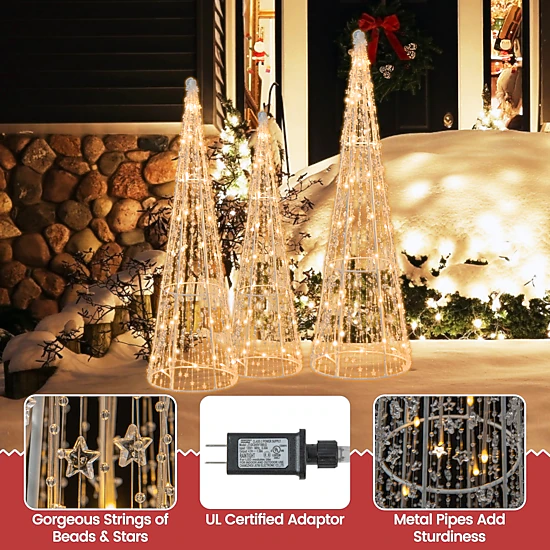 SUGIFT Set of 3 Pre-lit Christmas Cone Trees with Star Strings White ...
