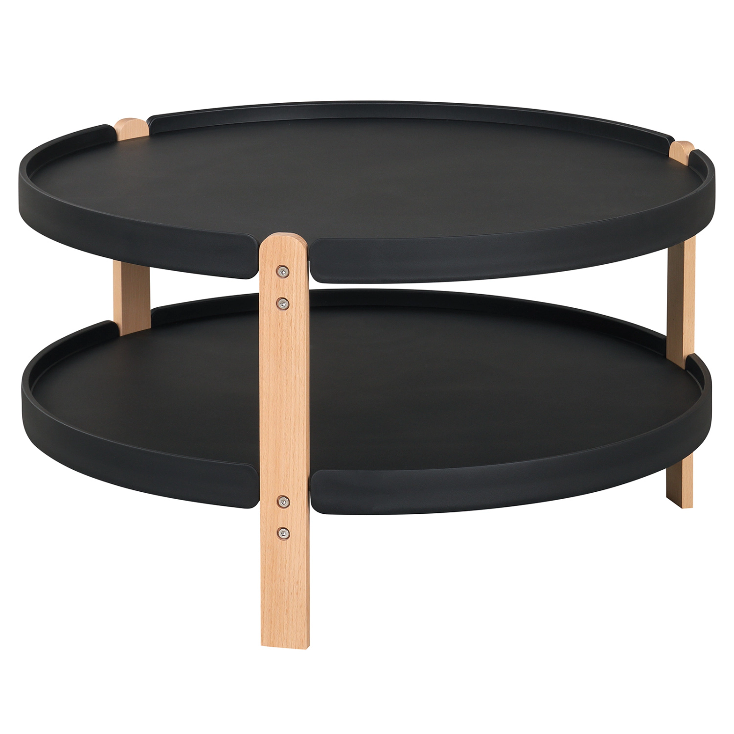 LJG 2-Tier Round Coffee Table with Open Storage Shelf and Solid Beech Wood Legs for Living Room
