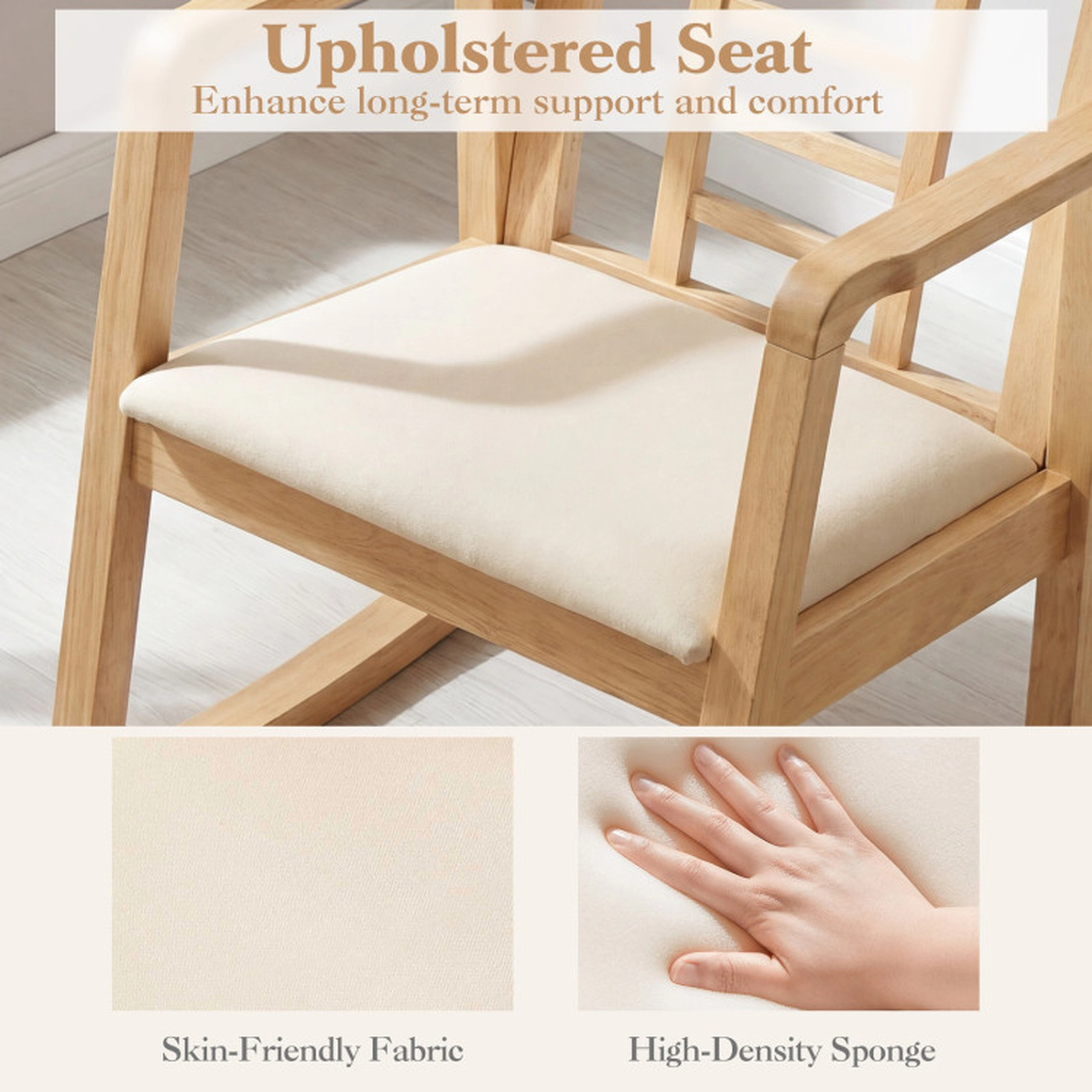 SUGIFT Small Nursery Rocking Chair, Natural Wood with Breathable Fabric Seat