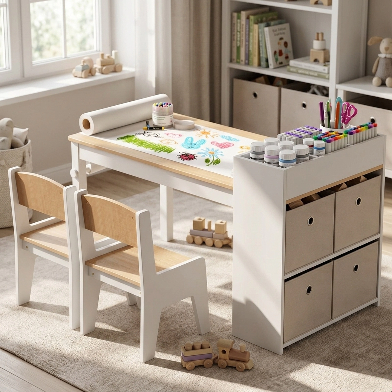 SUGIFT Kids Art Table and Chairs Set, Natural, 2 Chairs, Paper Roll and Storage