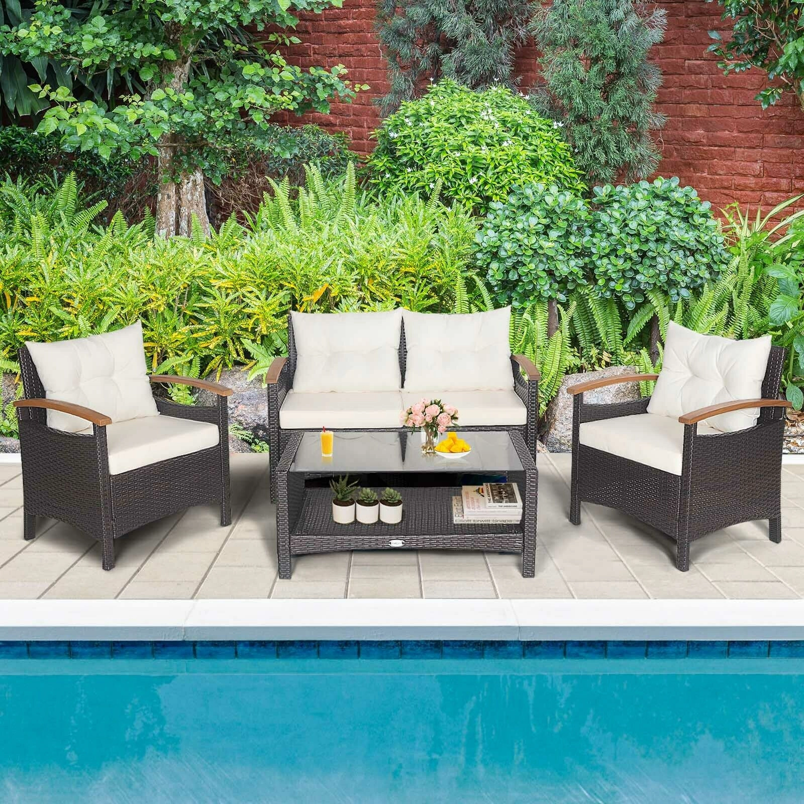 LJG 4 Pieces Patio Rattan Furniture Set with Cushioned Sofa and Storage Table