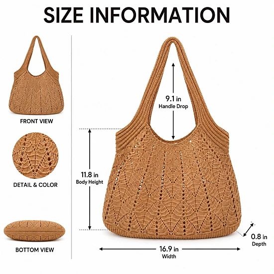 Alilang Women's Crochet Tote Bag Lightweight Shoulder Bag with Openwork Knit Texture