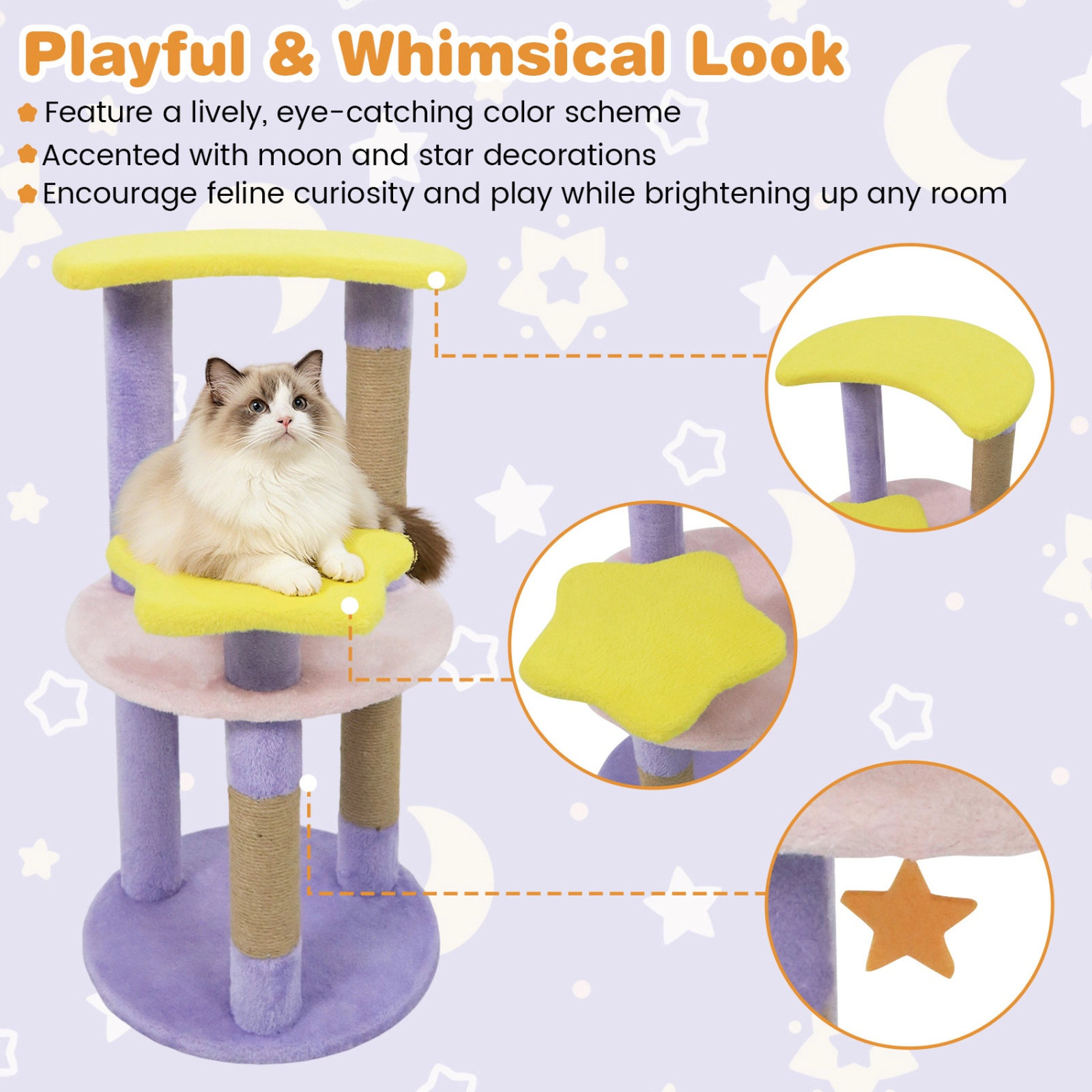 SUGIFT 29-in Modern Cat Tree with Star & Moon Shaped Platforms 11-lb Net Weight 4-Layer Climbing Tower Purple+Yellow