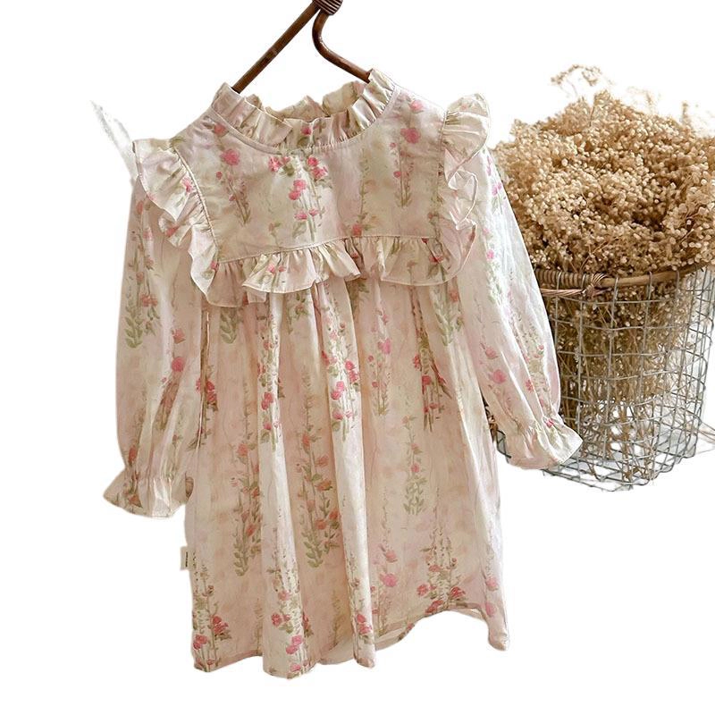 MyKids-USA Arrival French Style Autumn Girls Floral Pattern Long Sleeves Ruffle Dress
