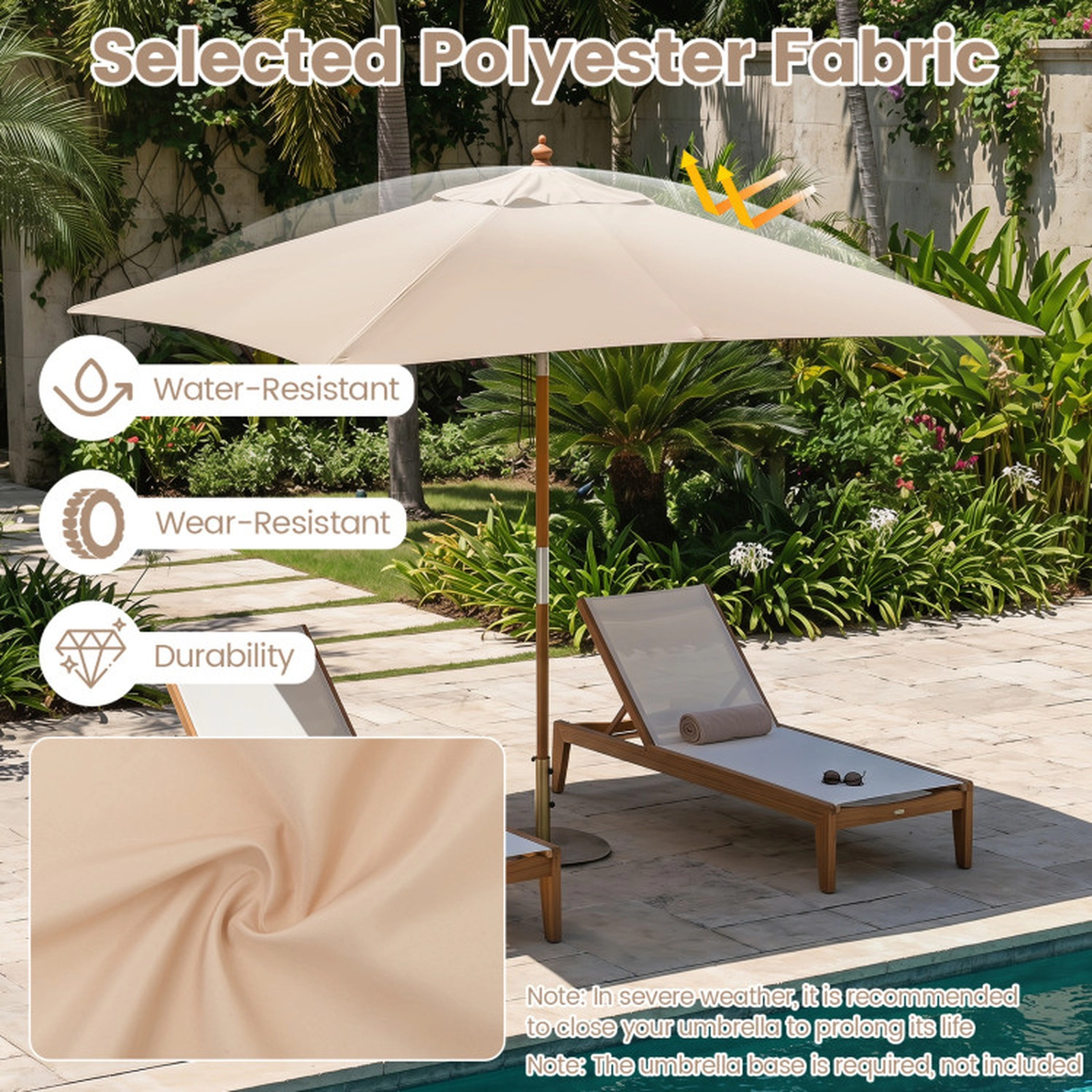 SUGIFT Beige Wooden Pole Push Button Tilt and 3 Heights 7 FT Rectangular Patio Umbrella