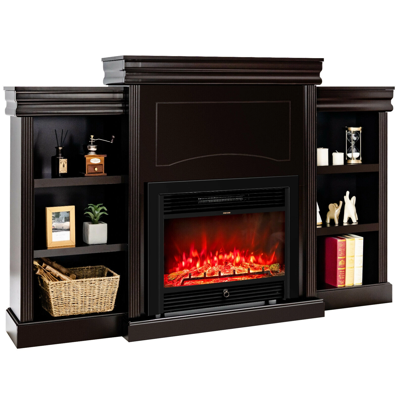 SUGIFT 70-Inch Brown TV Stand with Bookcase, 6 Open Shelves and 28.5-Inch Fireplace Opening